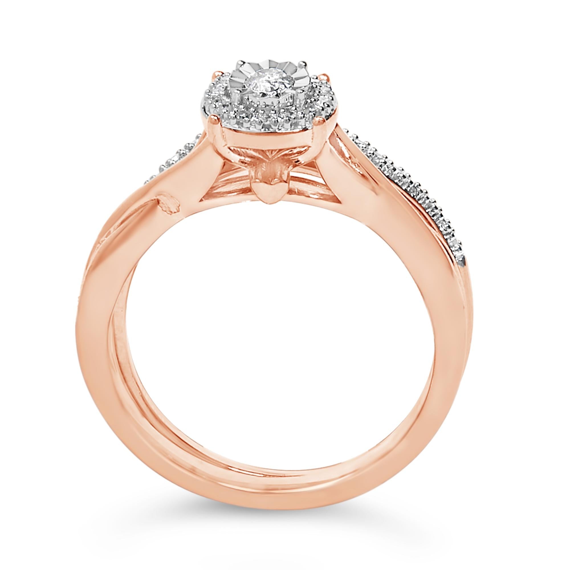 14K Rose Gold Plated Sterling Silver 1/6 Cttw Diamond Round Halo Bridal Set