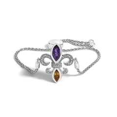 .925 Sterling Silver Marquise Purple Amethyst, Orange Citrine, and Diamond Accent Lariat 4”-10” Fleur De Lis Adjustable Bolo Bracelet (I-J Color, I1-I2 Clarity)