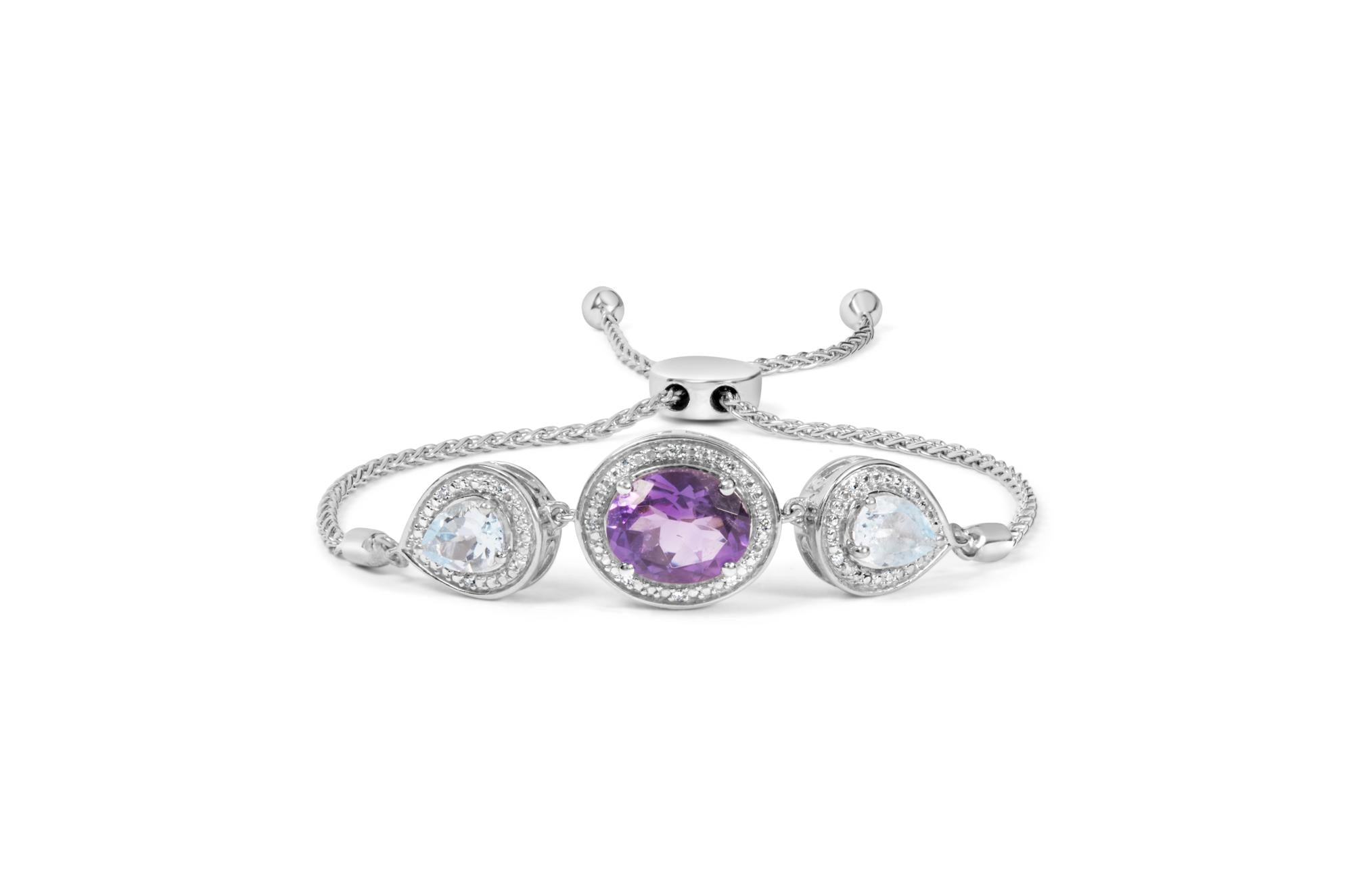 .925 Sterling Silver Oval Amethyst and Pear Blue Topaz with Diamond Accent Lariat 4”-10” Adjustable Bolo Bracelet (H-I Color, SI1-SI2 Clarity)