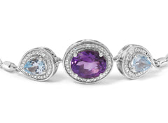 .925 Sterling Silver Oval Amethyst and Pear Blue Topaz with Diamond Accent Lariat 4”-10” Adjustable Bolo Bracelet (H-I Color, SI1-SI2 Clarity)