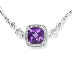 .925 Sterling Silver 10mm Cushion Cut Amethyst Gemstone and Diamond Accent Lariat 4”-10” Adjustable Bolo Bracelet (H-I Color, SI1-SI2 Clarity)