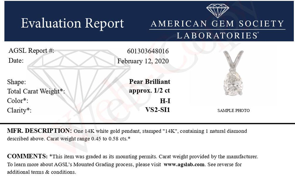 AGS Certified 14K White Gold 1/2 Cttw Diamond Pear 18" Pendant Necklace (H-I Color, VS2-SI1 Clarity)