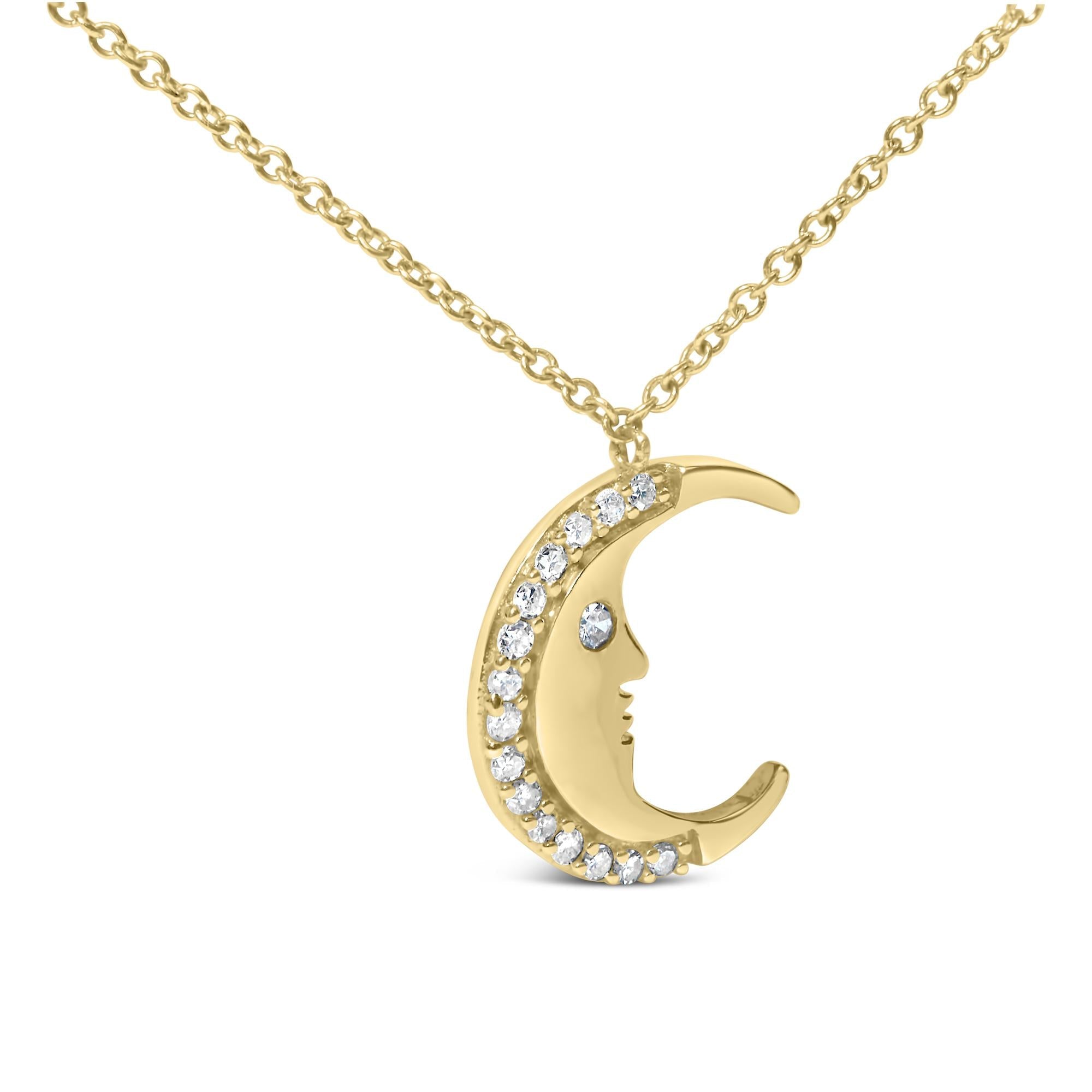 14K Yellow Gold 1/10 Cttw Diamond Crescent Man on the Moon 18" Pendant Necklace (H-I Color, SI1-SI2 Clarity)