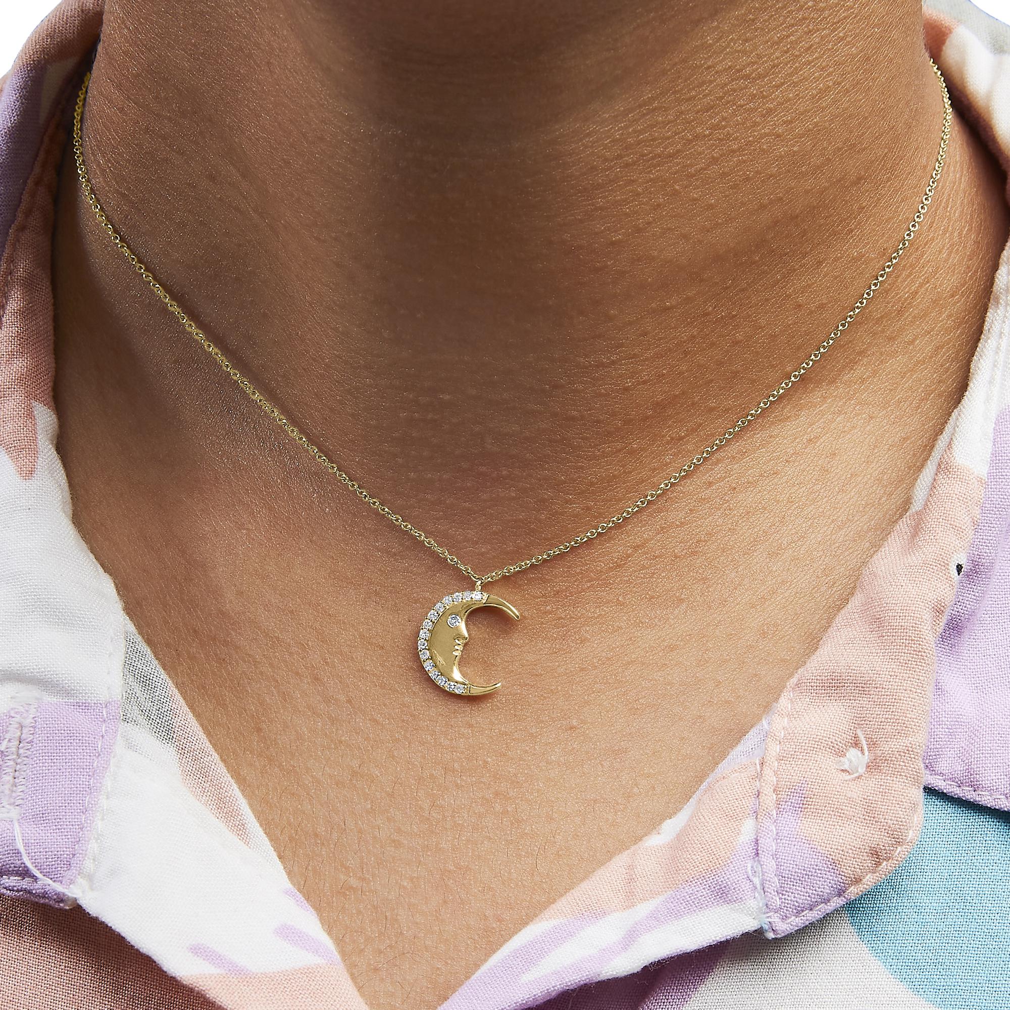 14K Yellow Gold 1/10 Cttw Diamond Crescent Man on the Moon 18" Pendant Necklace (H-I Color, SI1-SI2 Clarity)