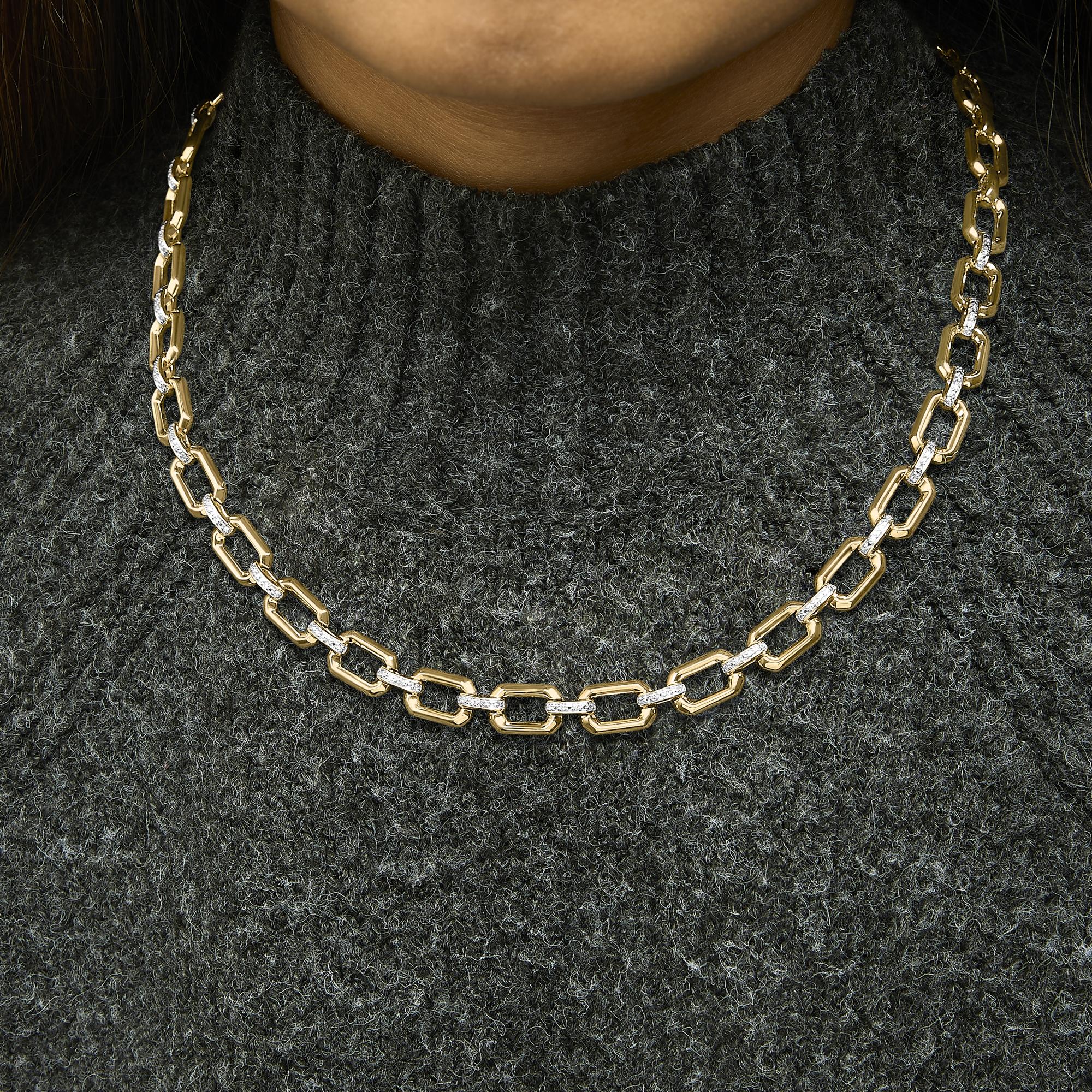 Gold Vermeil .925 Sterling Silver 1/4 Cttw Diamond Bold Octagonal Link Necklace