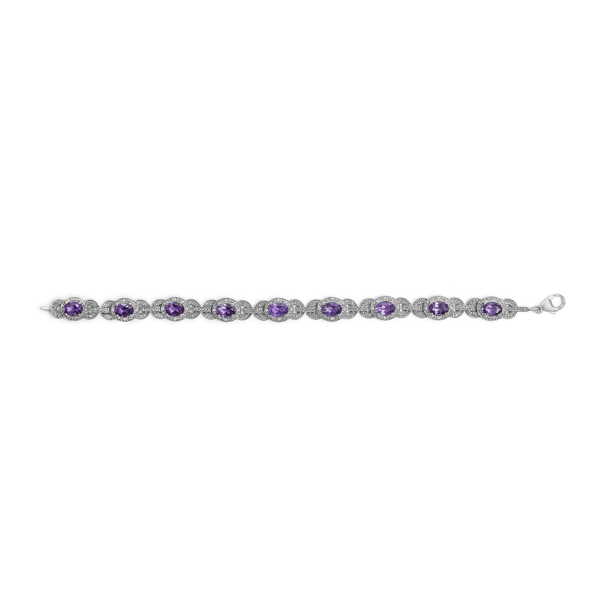 Sterling Silver Oval Purple Amethyst and Diamond Interlocking Halo Link Bracelet