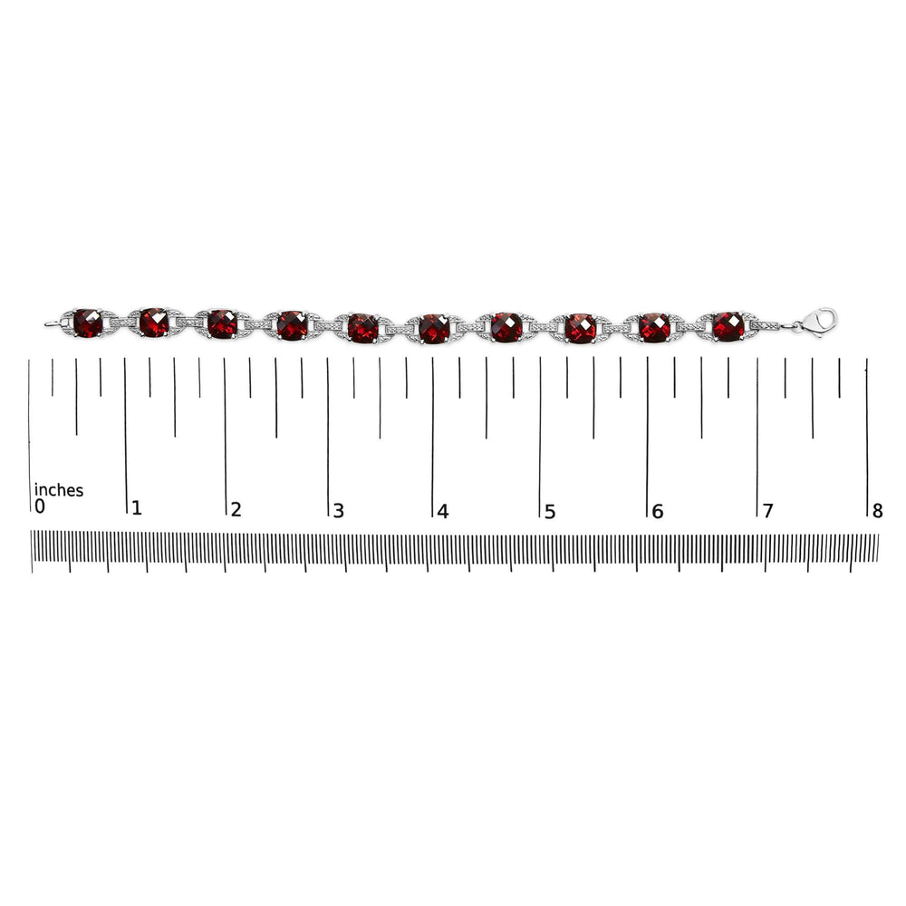 .925 Sterling Silver 7x7mm Checkered Cushion Red Garnet and Diamond Accent Fashion Tennis Link Bracelet (I-J Color, I1-I2 Clarity) - Size 7" Inch