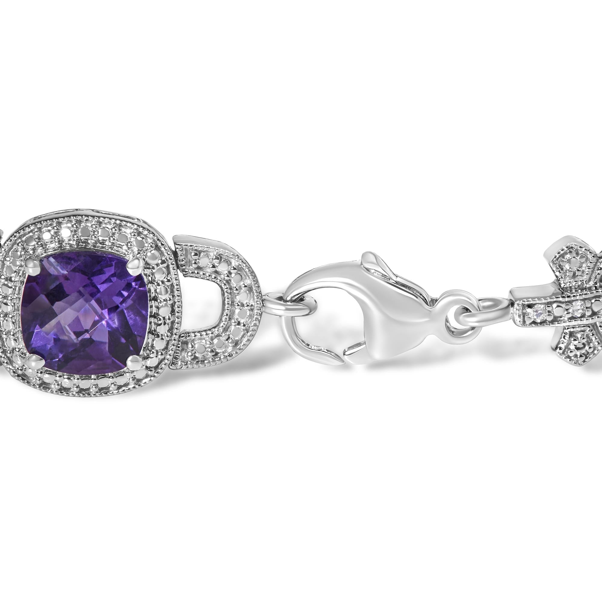 Silver Cushion-Cut Purple Amethyst & Diamond Vintage Halo Link Bracelet