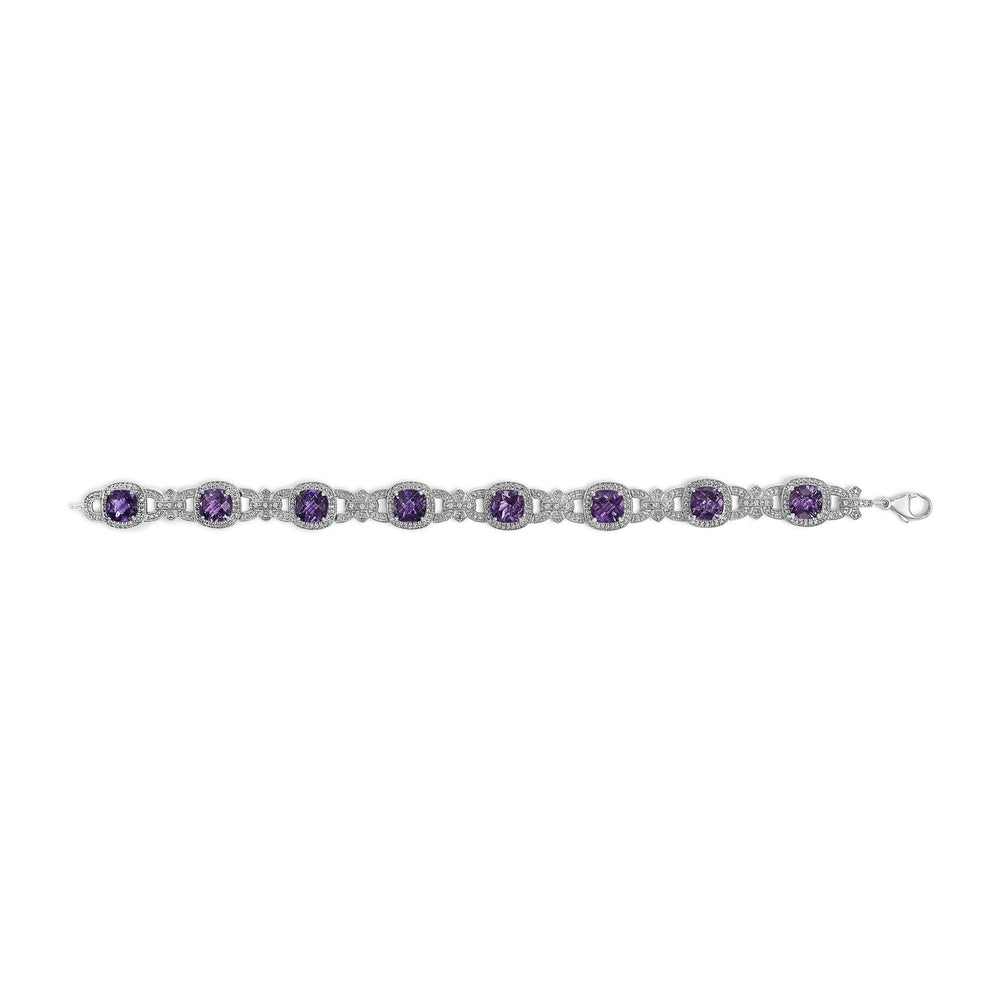 Silver Cushion-Cut Purple Amethyst & Diamond Vintage Halo Link Bracelet