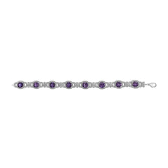 Silver Cushion-Cut Purple Amethyst & Diamond Vintage Halo Link Bracelet