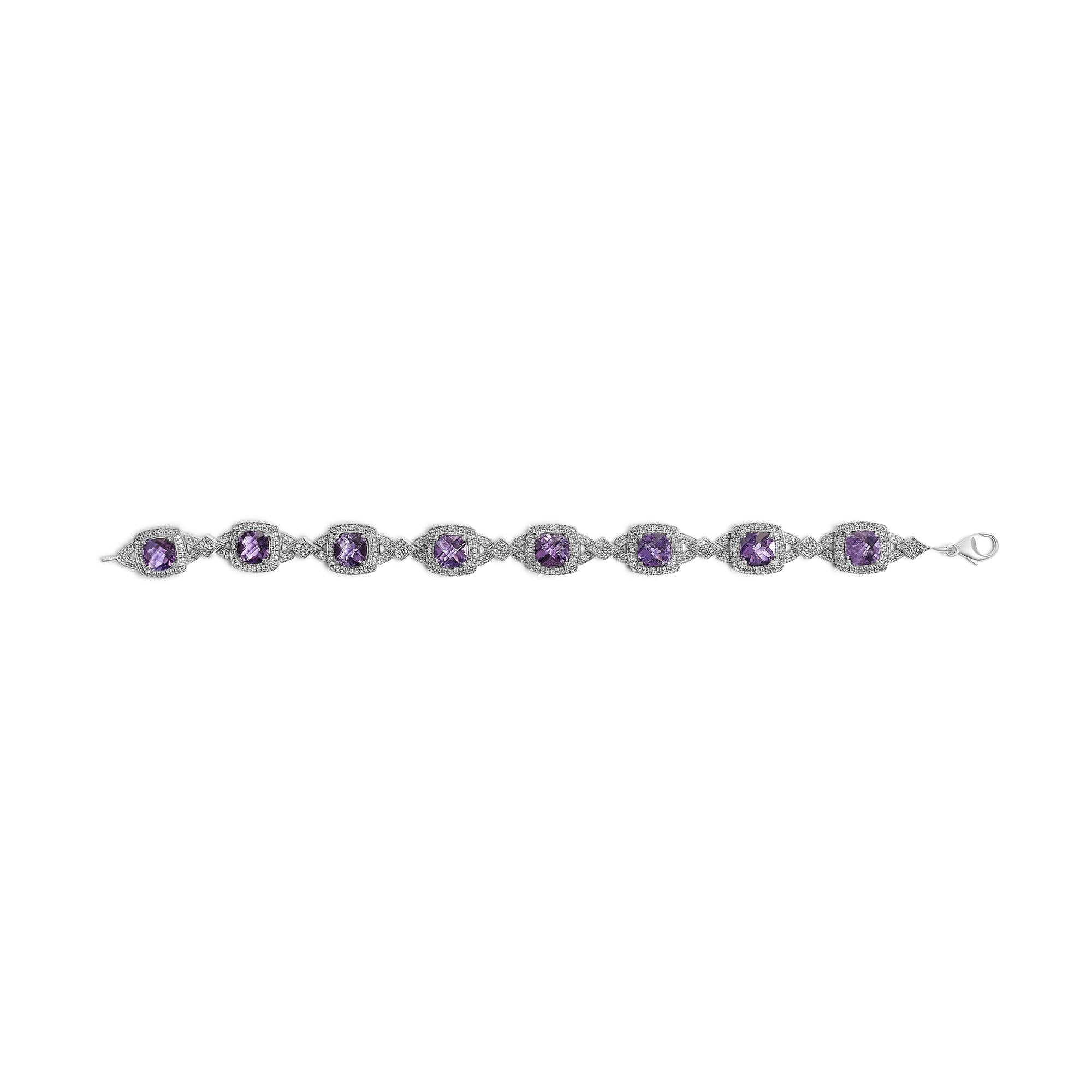 Sterling Silver Cushion-Cut Purple Amethyst & Diamond Vintage Halo Link Bracelet