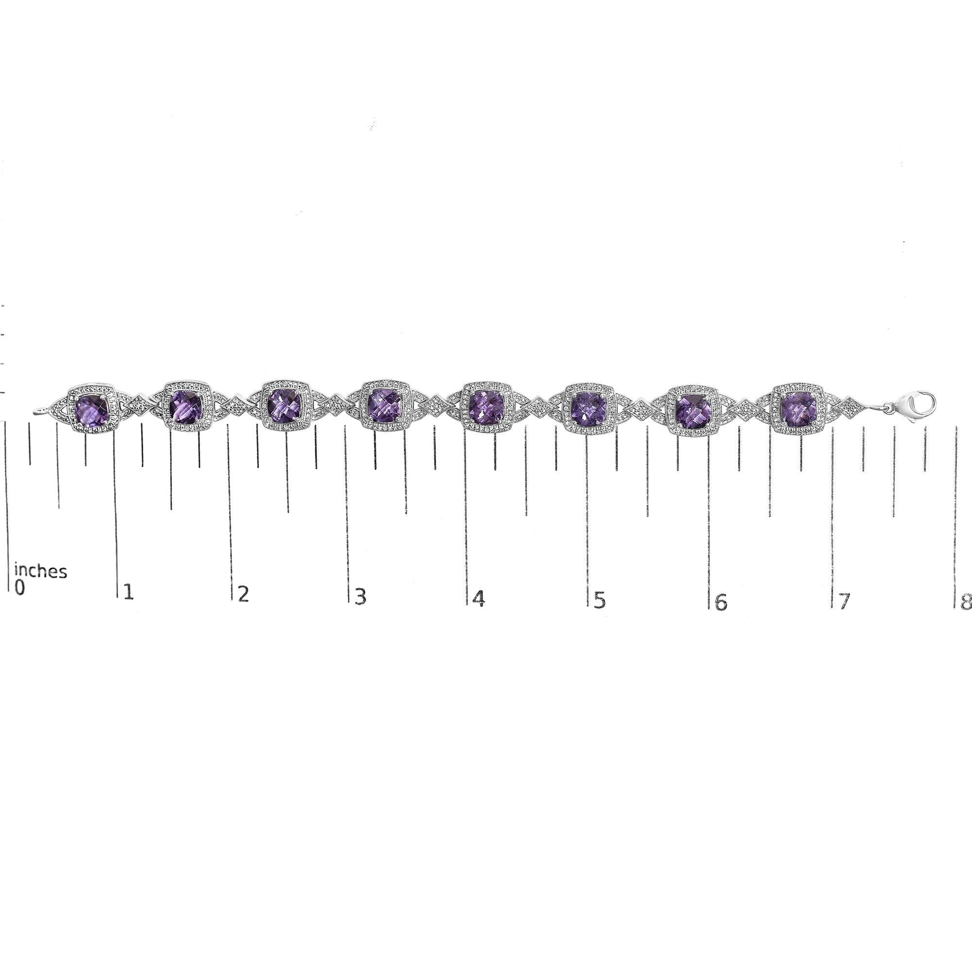 Sterling Silver Cushion-Cut Purple Amethyst & Diamond Vintage Halo Link Bracelet