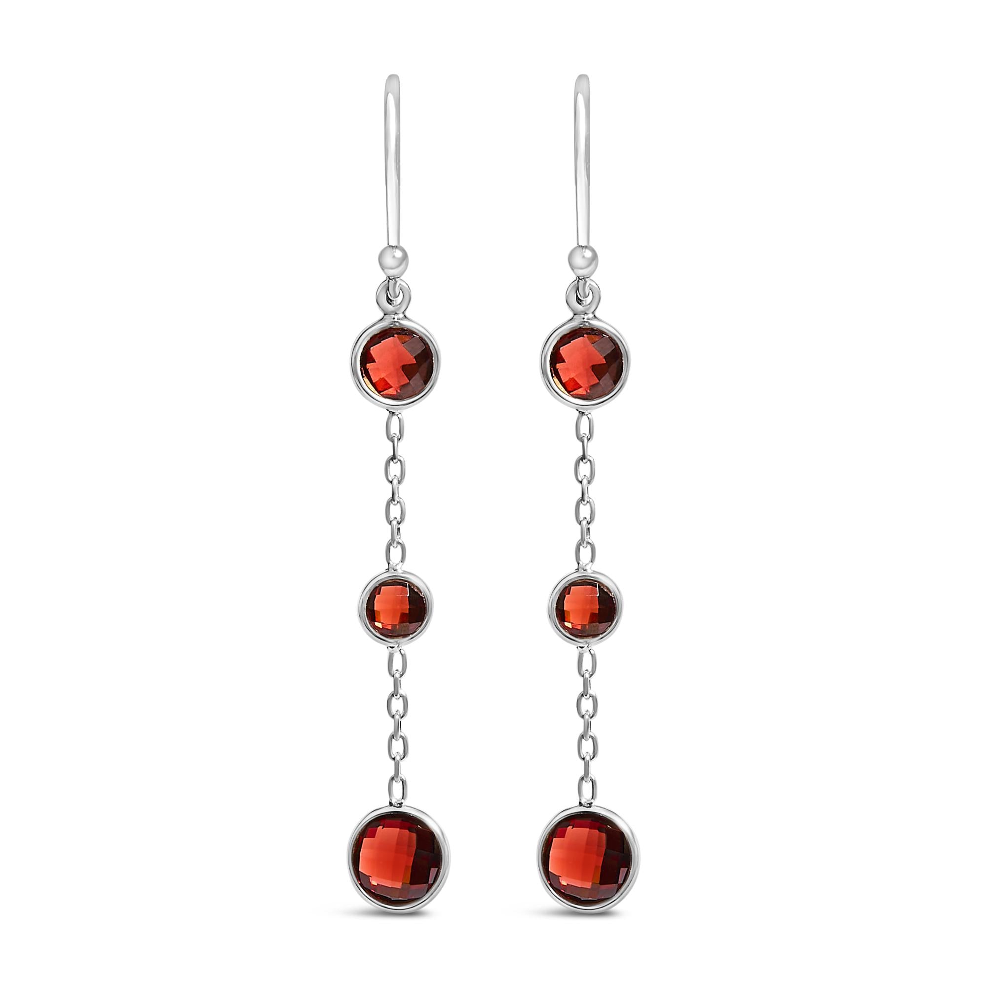 .925 Sterling Silver Graduating Bezel Set Red Garnet Dangle Earring