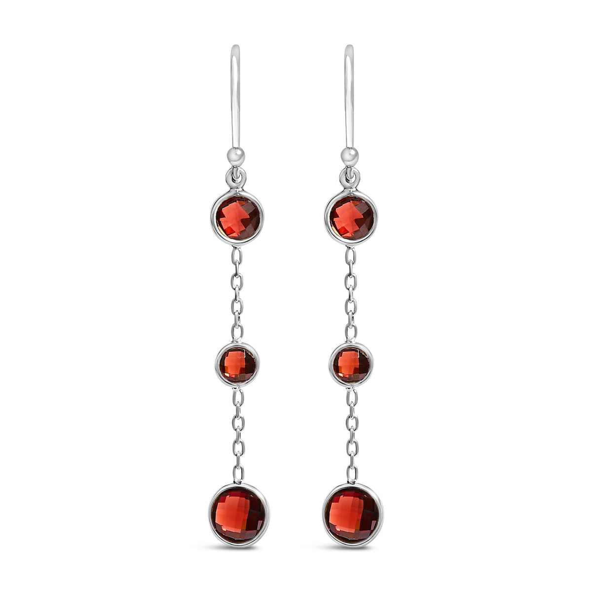 .925 Sterling Silver Graduating Bezel Set Red Garnet Dangle Earring