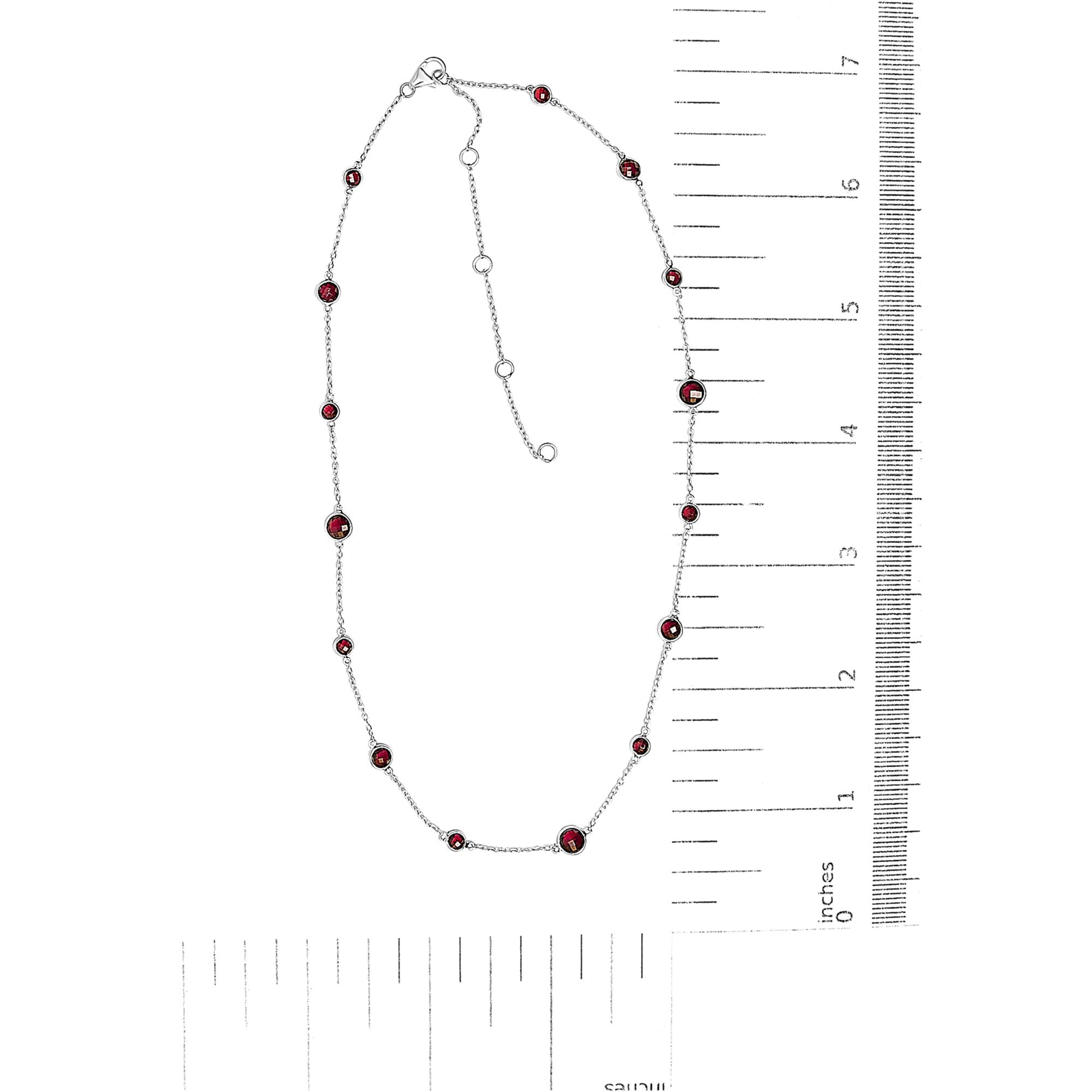 .925 Sterling Silver Checkerboard Cut Red Garnet Bezel Station Necklace - 22" Inches