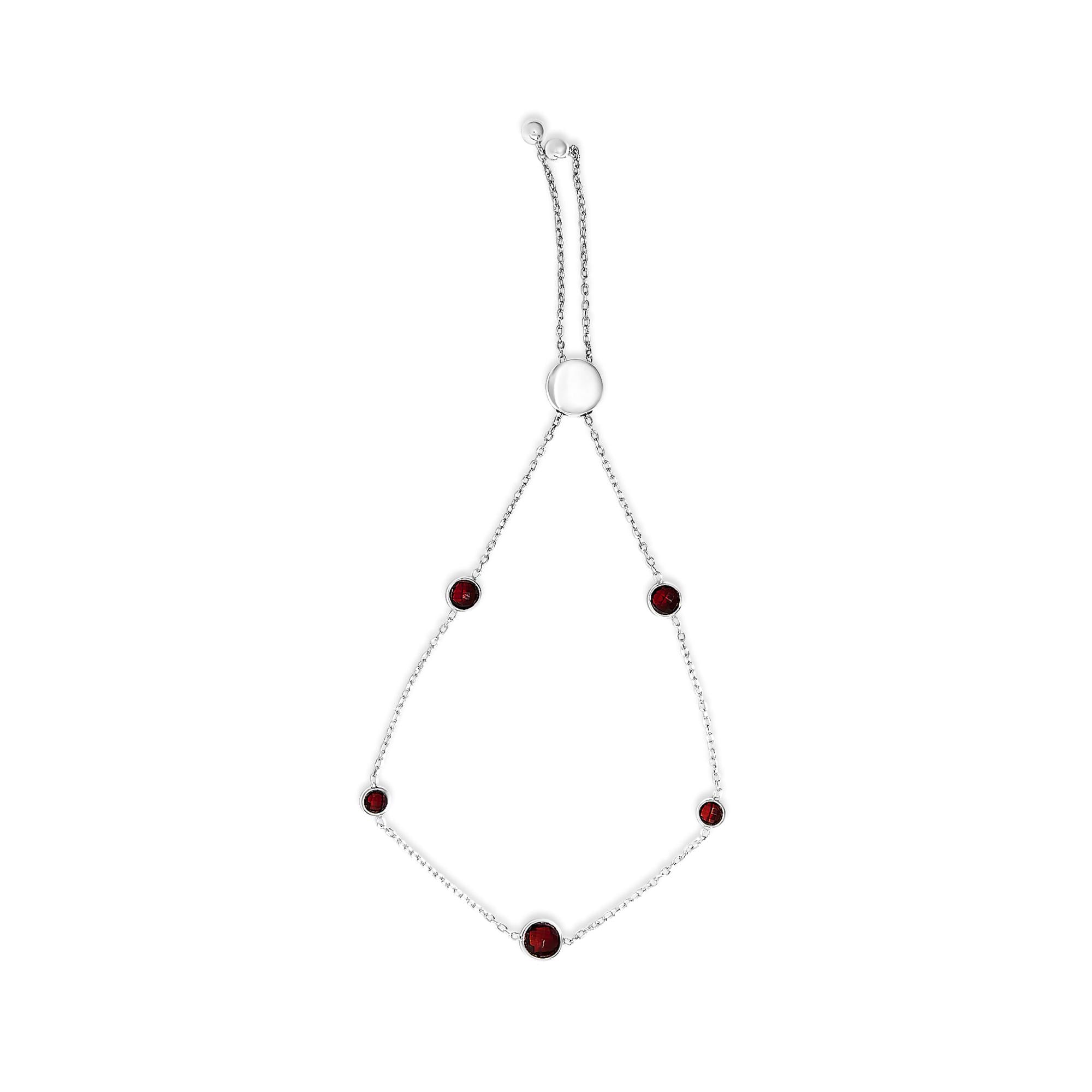 .925 Sterling Silver Bezel Set Red Garnet 5 Station Adjustable Bolo Bracelet