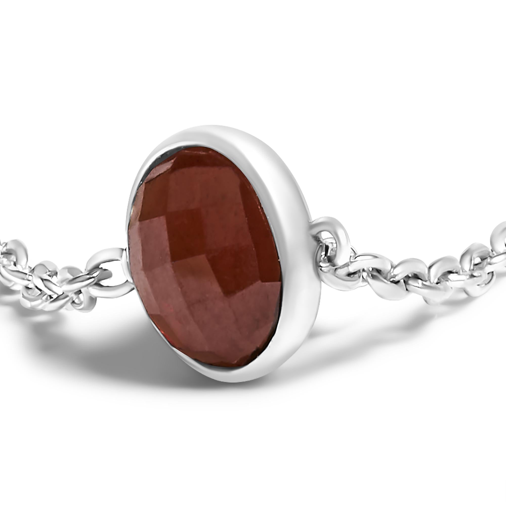 .925 Sterling Silver Bezel Set Red Garnet 5 Station Adjustable Bolo Bracelet