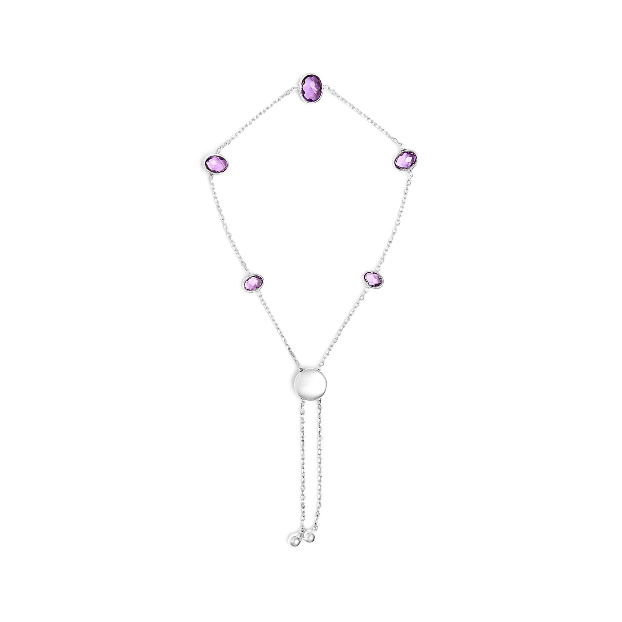 .925 Sterling Silver Bezel Set Purple Amethyst 5 Station Adjustable Bolo Bracelet