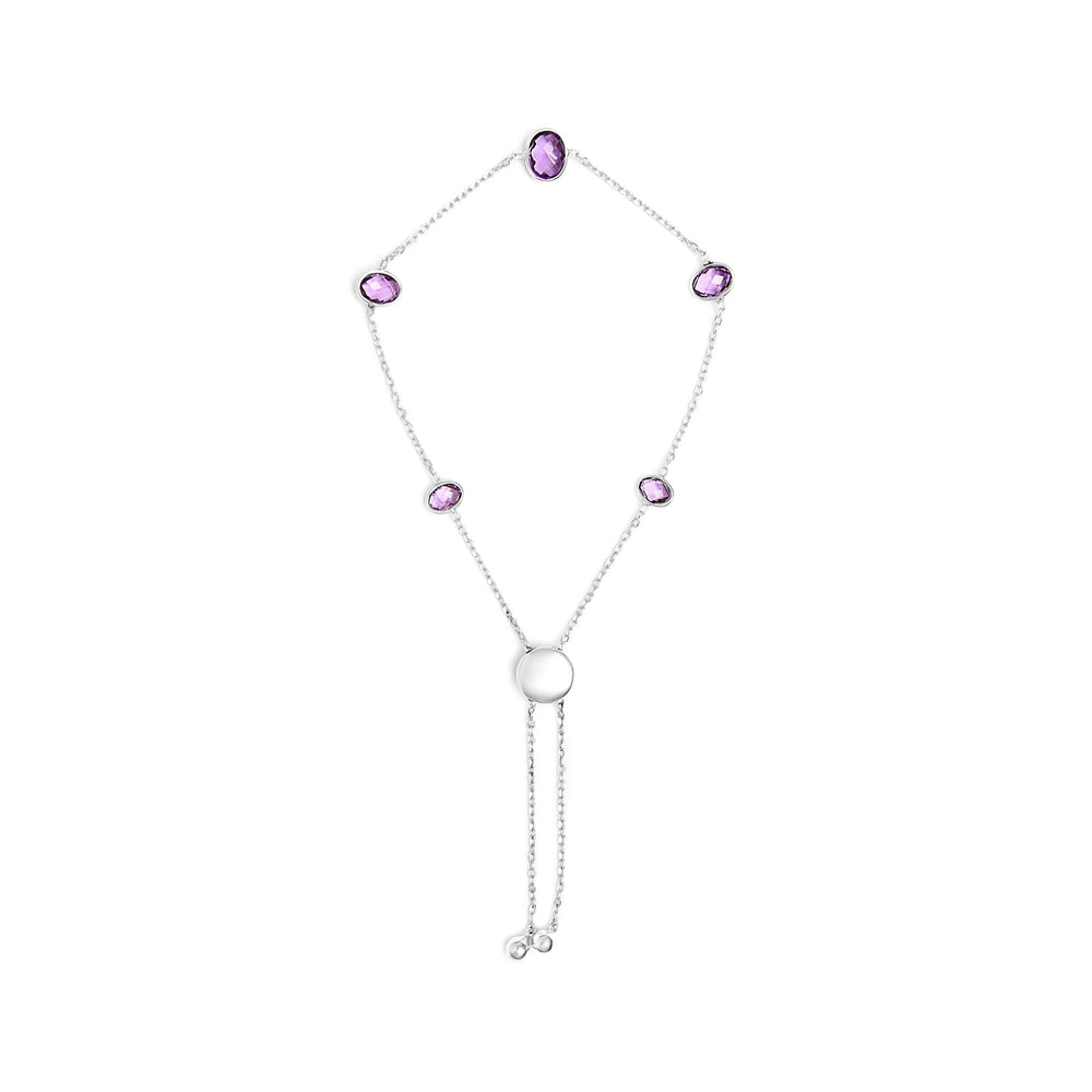 .925 Sterling Silver Bezel Set Purple Amethyst 5 Station Adjustable Bolo Bracelet