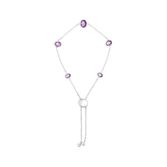 .925 Sterling Silver Bezel Set Purple Amethyst 5 Station Adjustable Bolo Bracelet