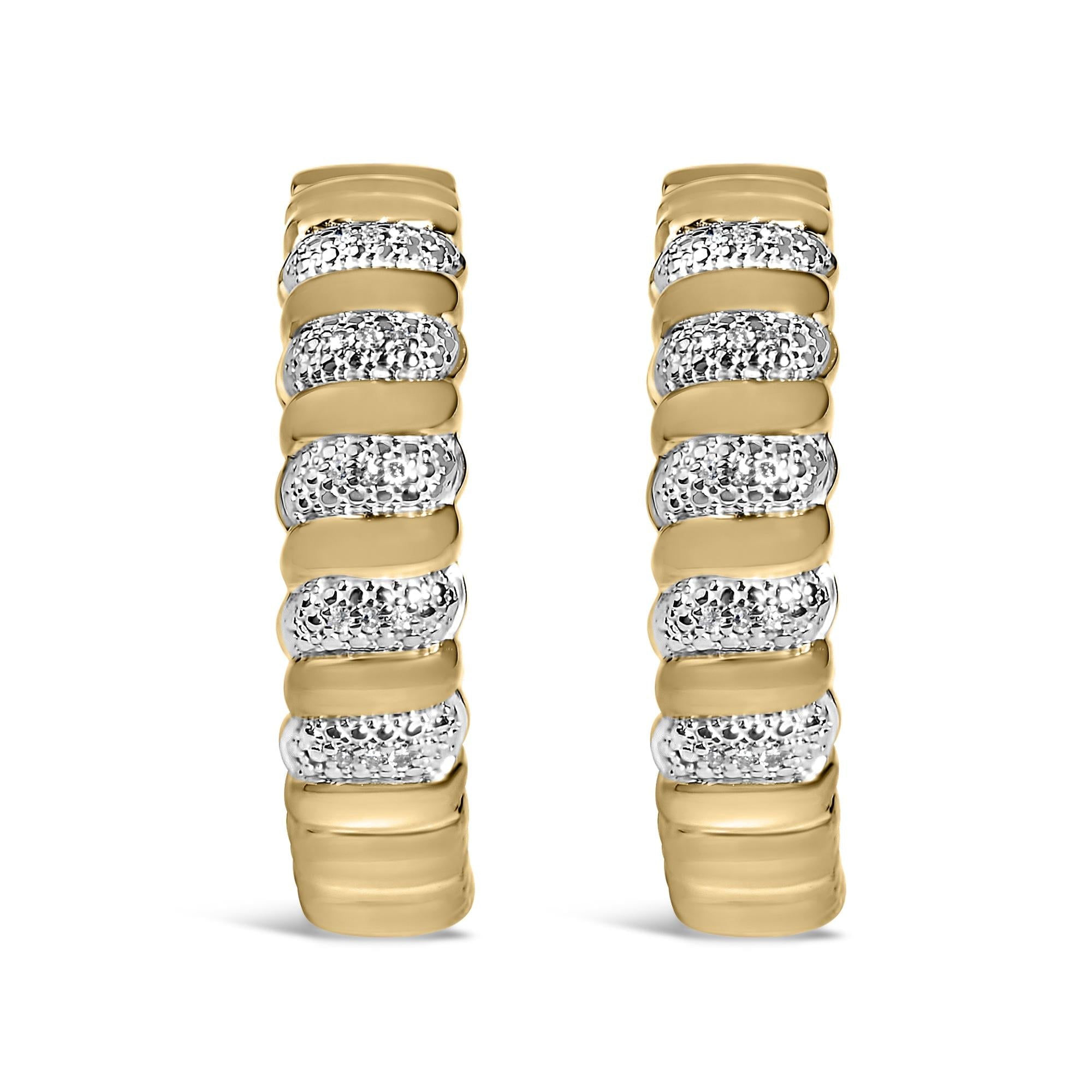 Gold Vermeil 1/10 Cttw Diamond Ribbed Design Hoop Earrings