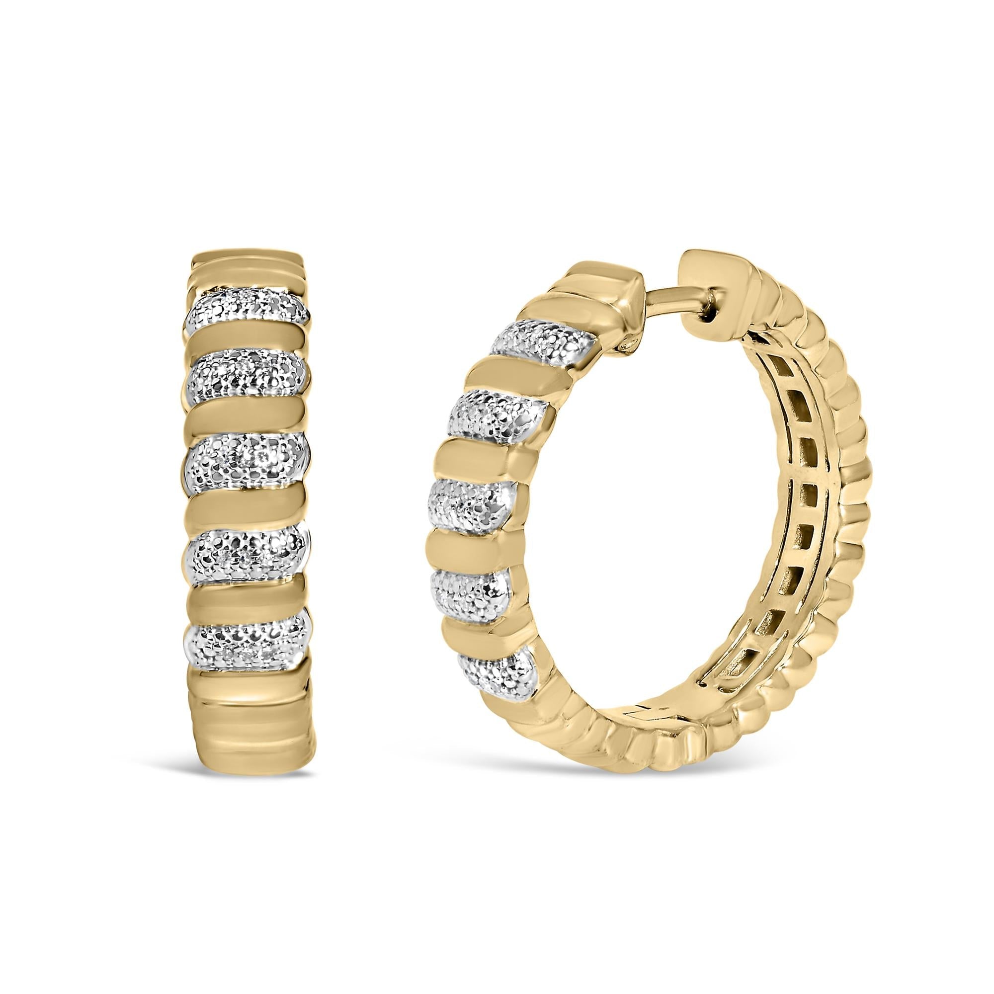 Gold Vermeil 1/10 Cttw Diamond Ribbed Design Hoop Earrings