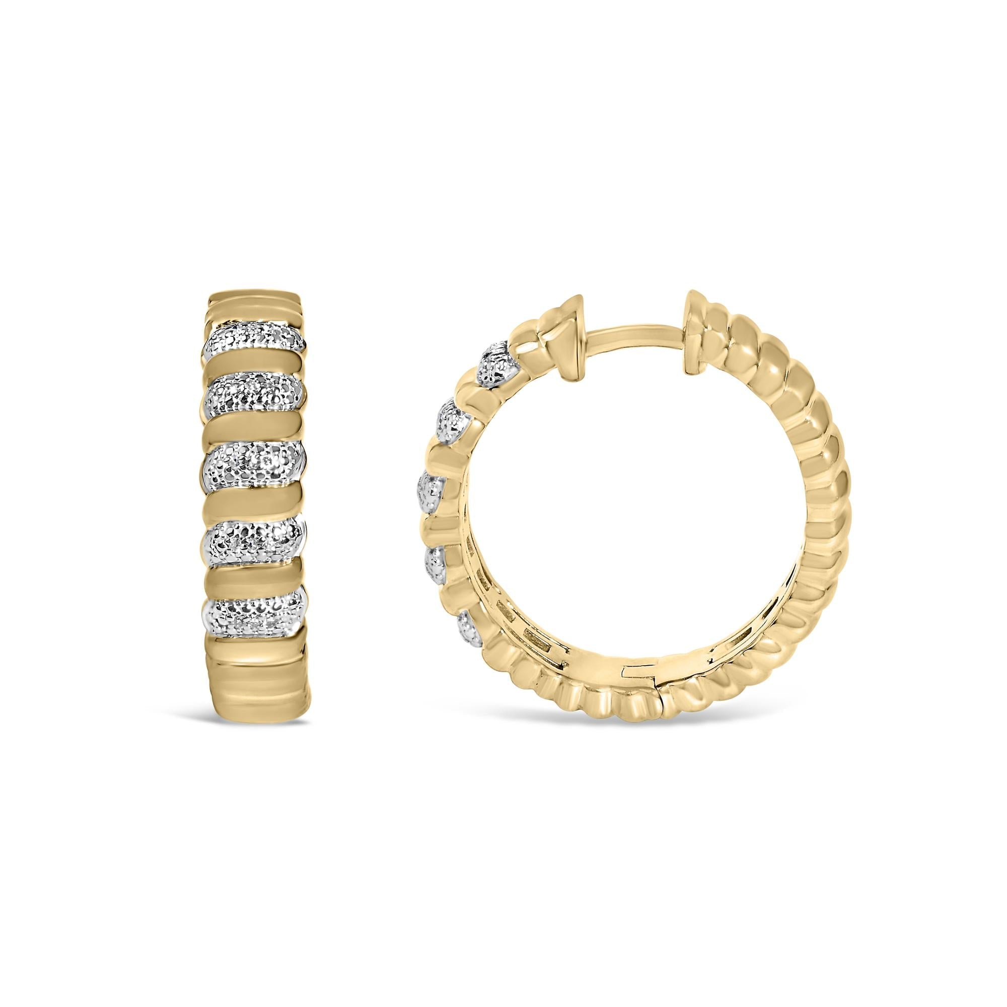 Gold Vermeil 1/10 Cttw Diamond Ribbed Design Hoop Earrings