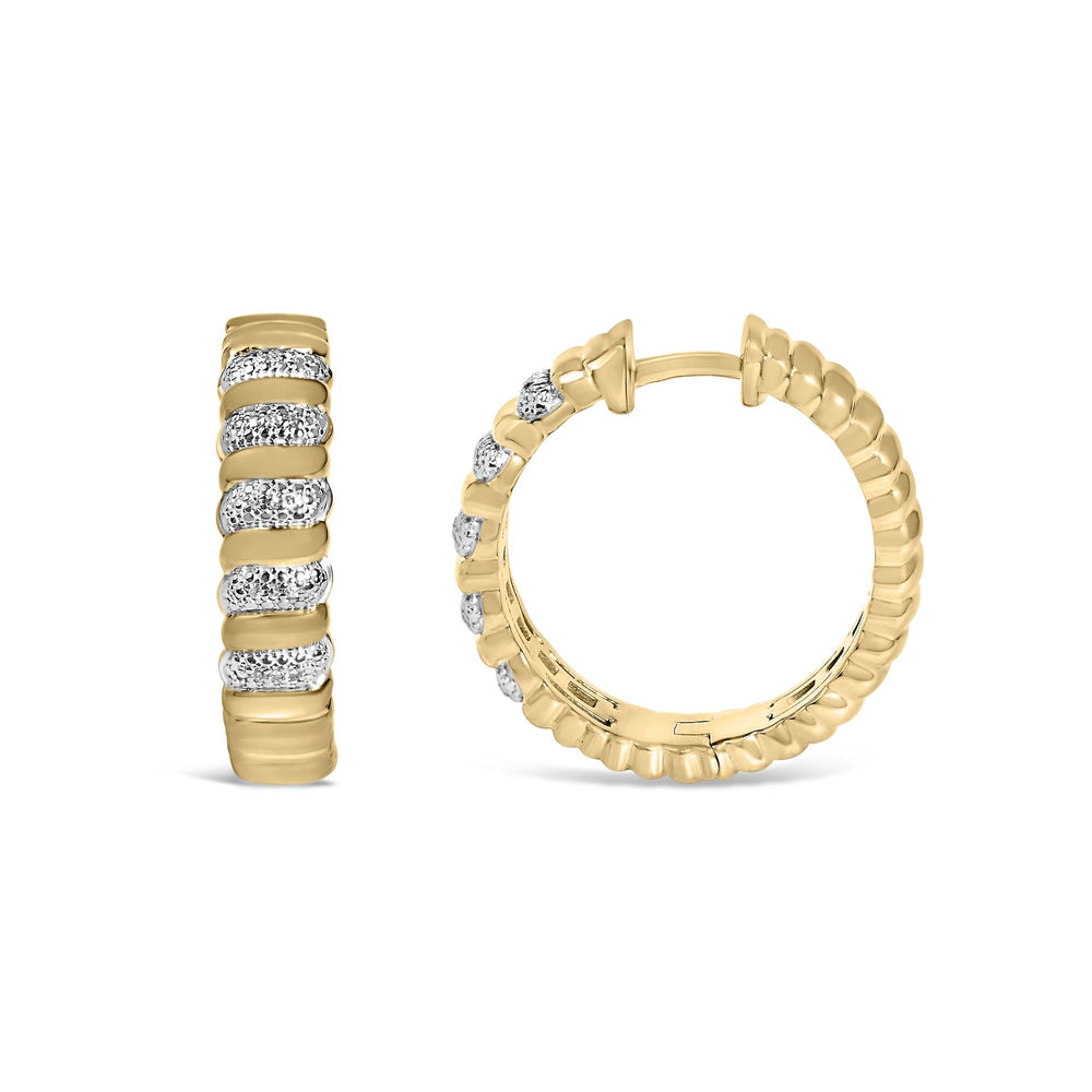 Gold Vermeil 1/10 Cttw Diamond Ribbed Design Hoop Earrings