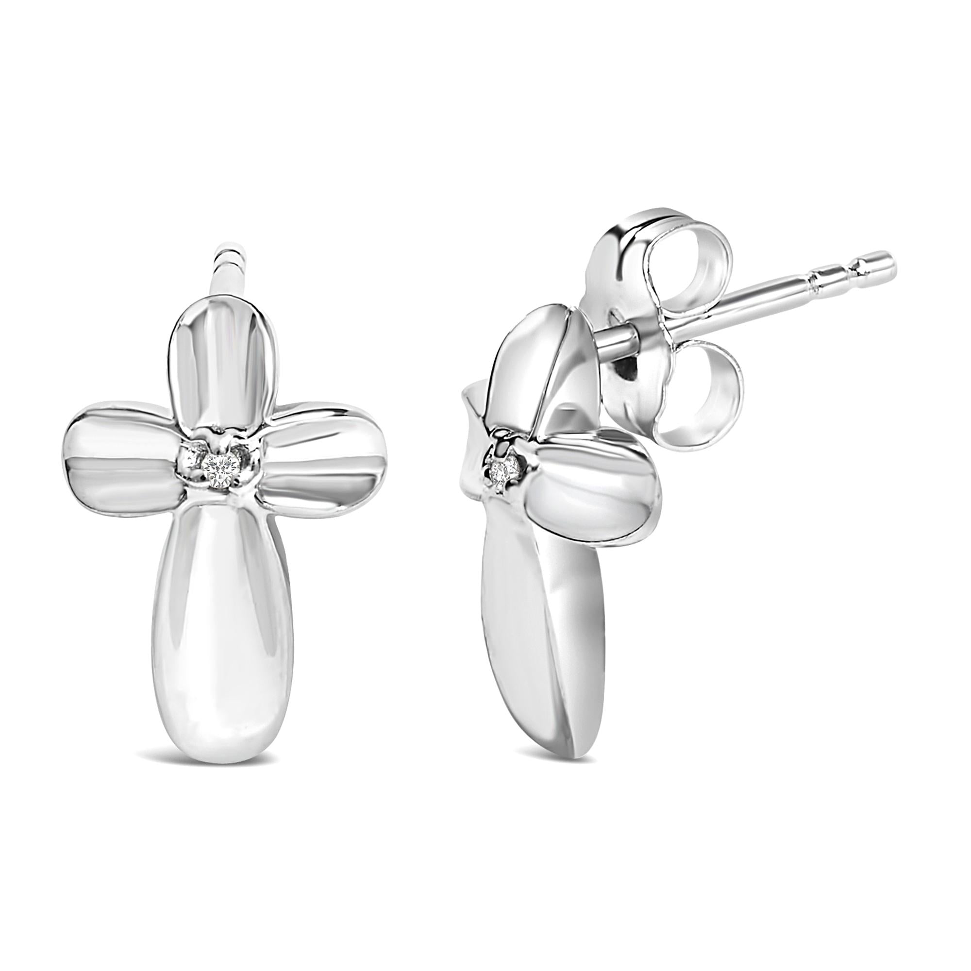 .925 Sterling Silver Prong Set Diamond Accent Floral Cross Stud Earring (I-J Color, I1-I2 Clarity)