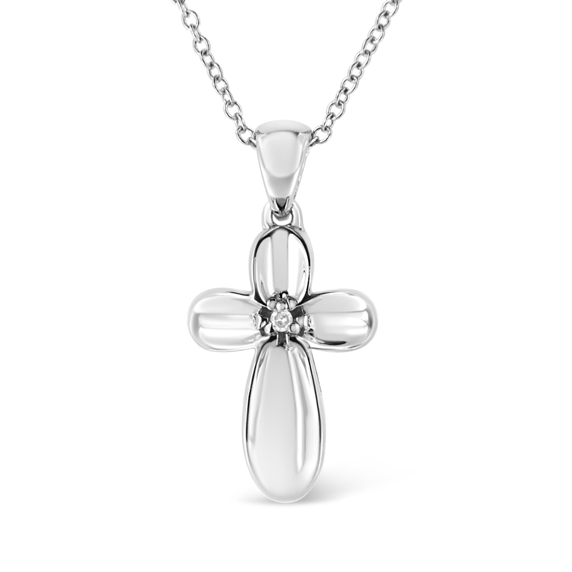 .925 Sterling Silver Prong-Set Diamond Accent Floral Cross 18" Pendant Necklace (I-J Color, I1-I2 Clarity)