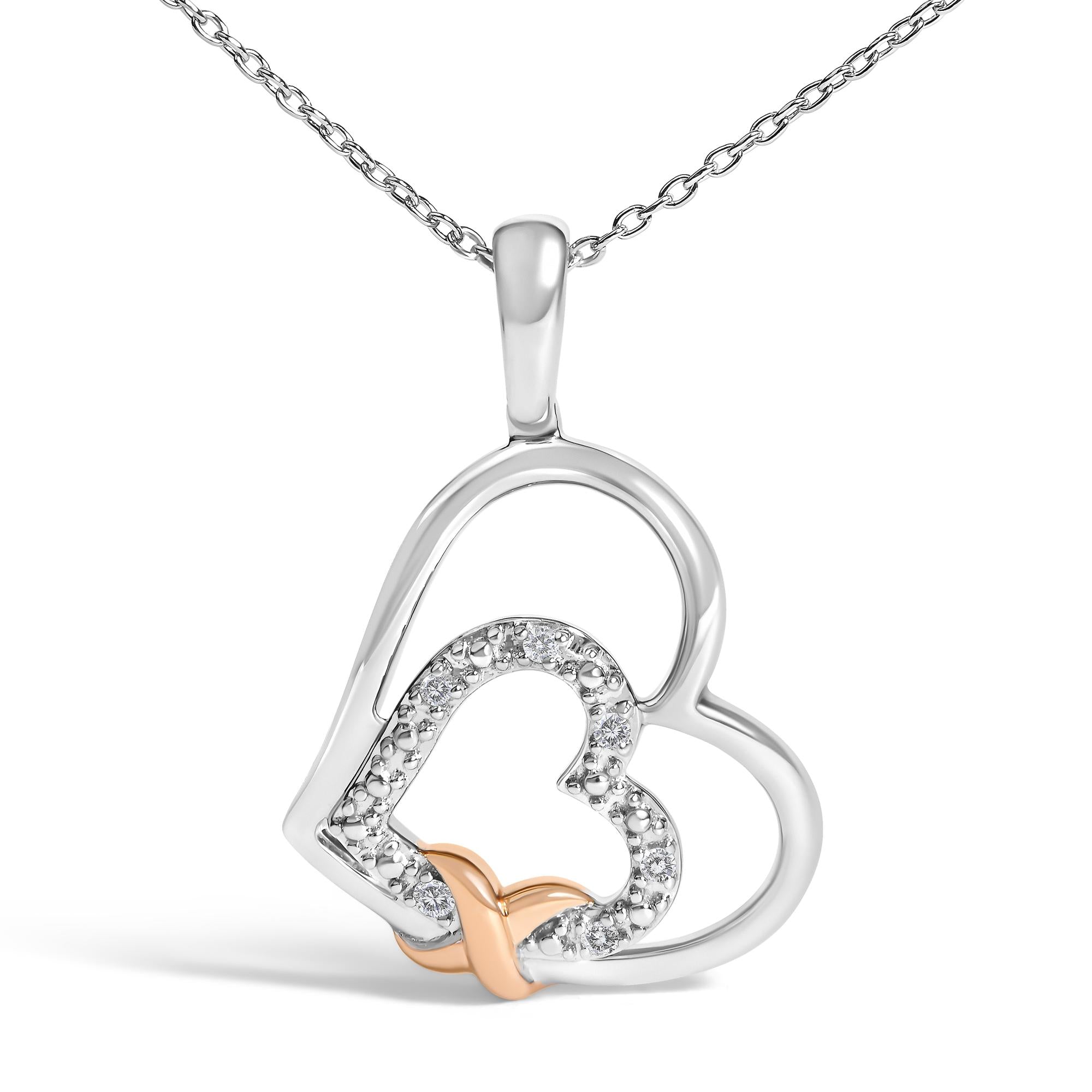 .925 Sterling Silver Double Heart Pendant Necklace with Diamond and 10K Rose Gold Accent