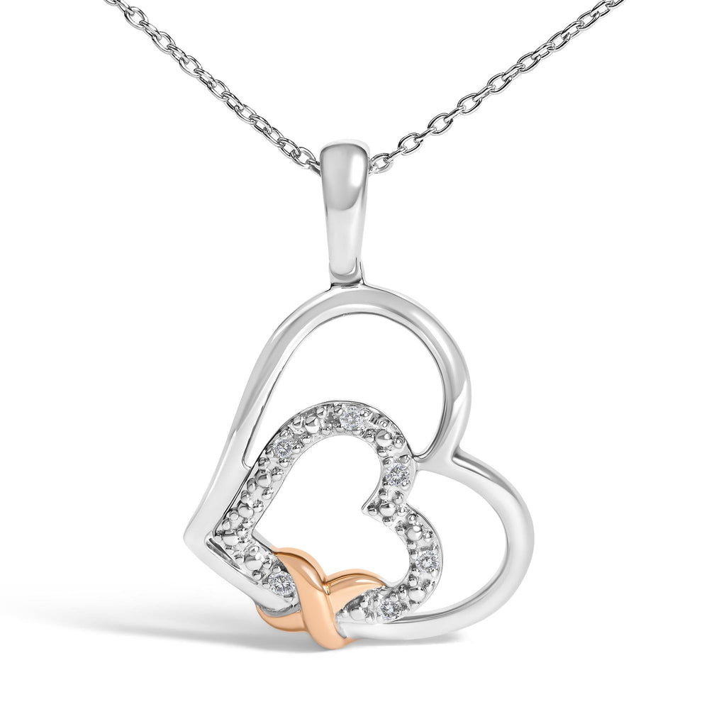 .925 Sterling Silver Double Heart Pendant Necklace with Diamond and 10K Rose Gold Accent