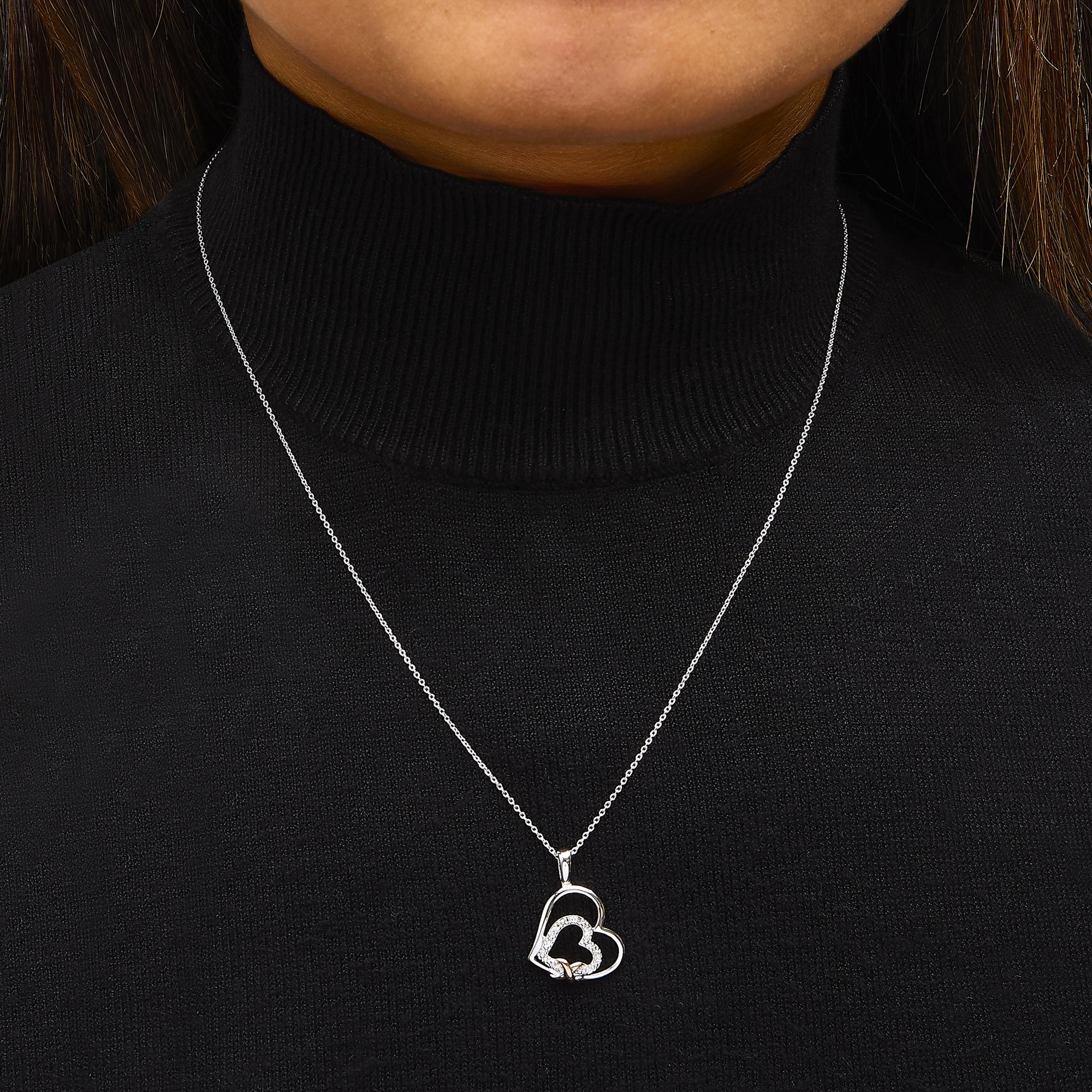 .925 Sterling Silver Double Heart Pendant Necklace with Diamond and 10K Rose Gold Accent