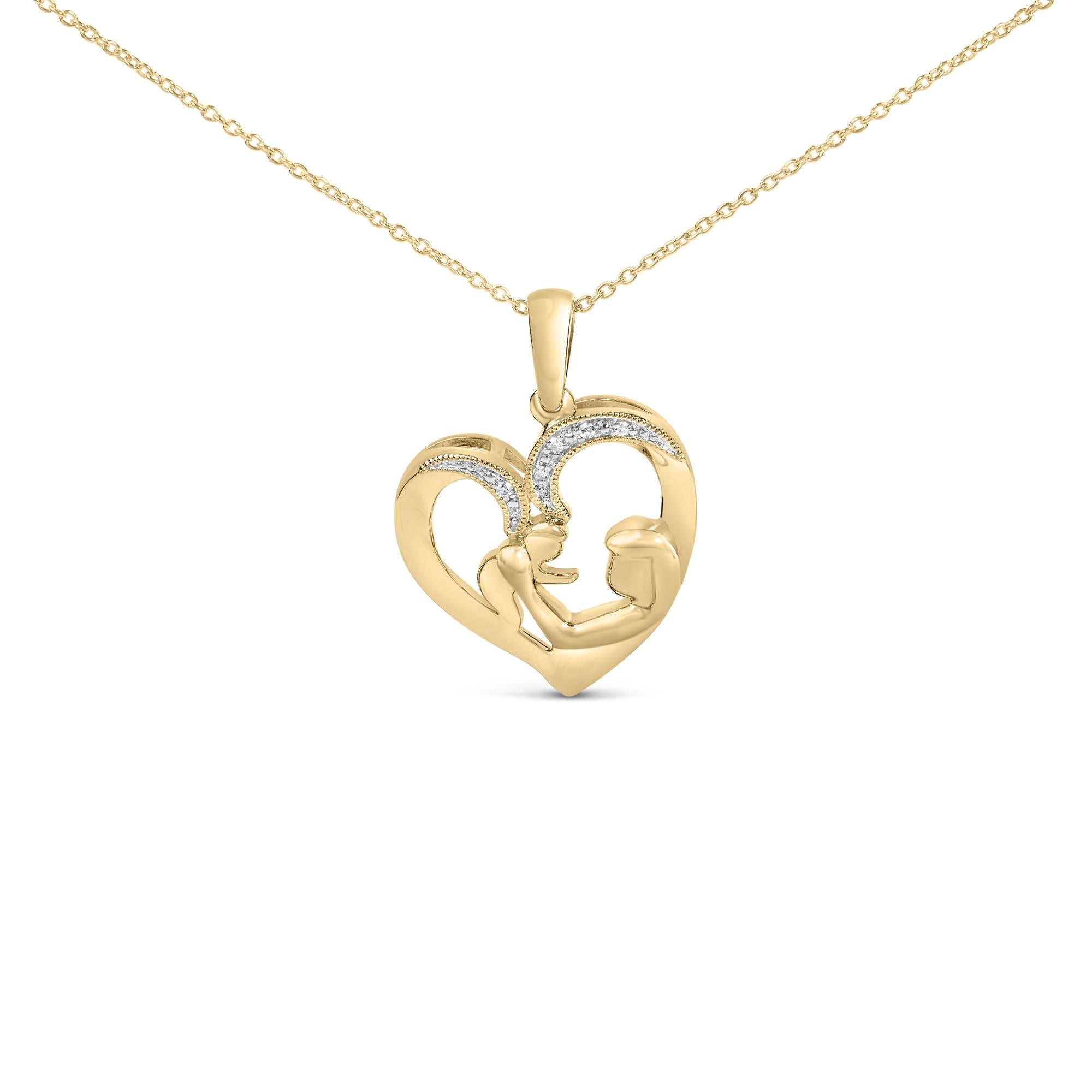 Gold Vermeil Diamond Accent Mom and Child Heart Pendant Necklace