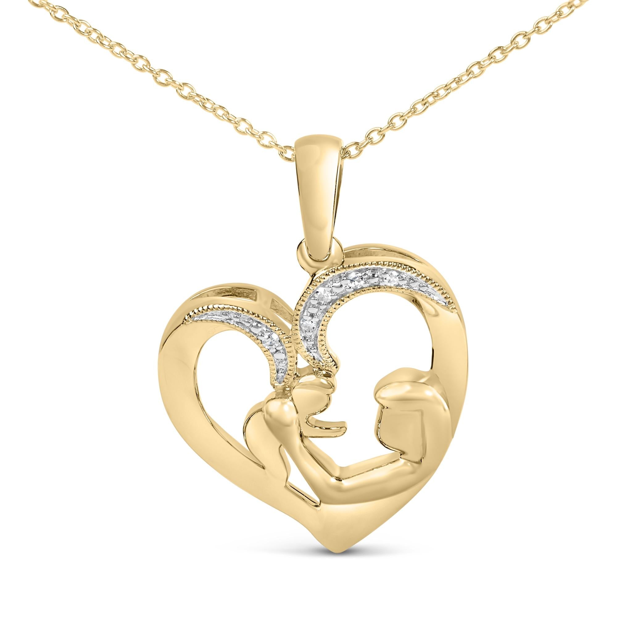Gold Vermeil Diamond Accent Mom and Child Heart Pendant Necklace