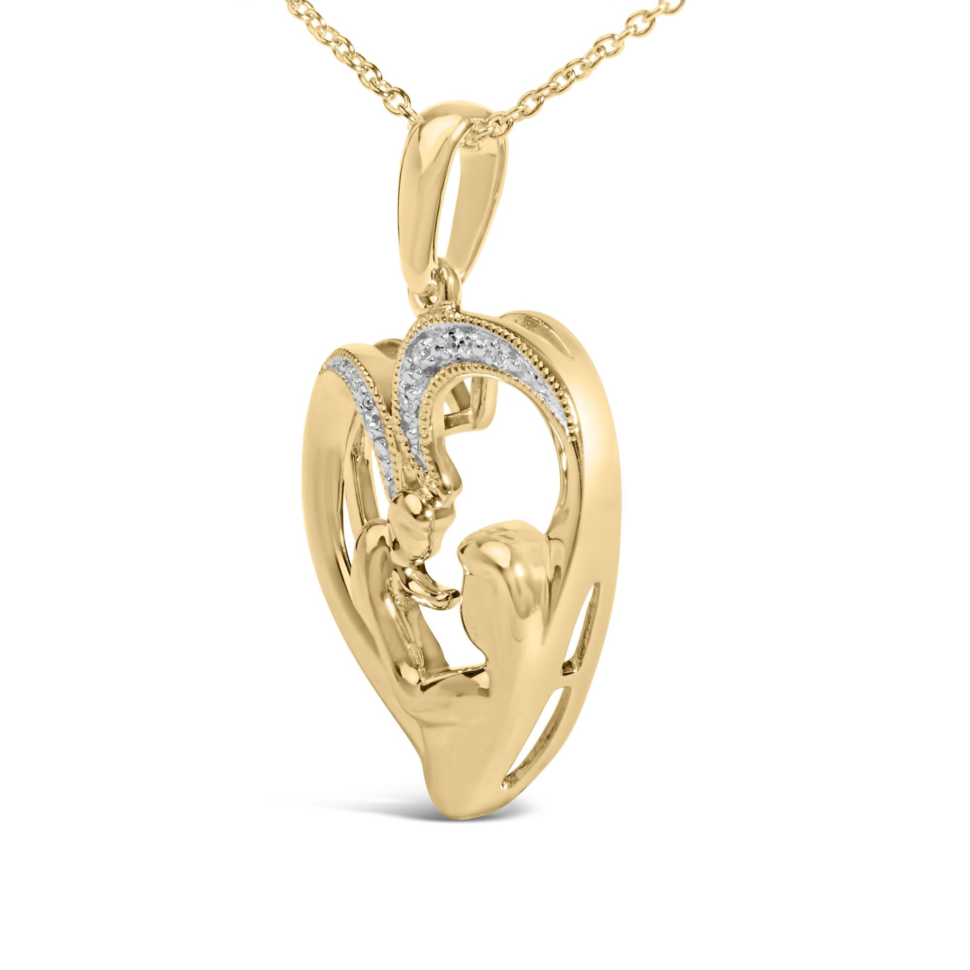 Gold Vermeil Diamond Accent Mom and Child Heart Pendant Necklace