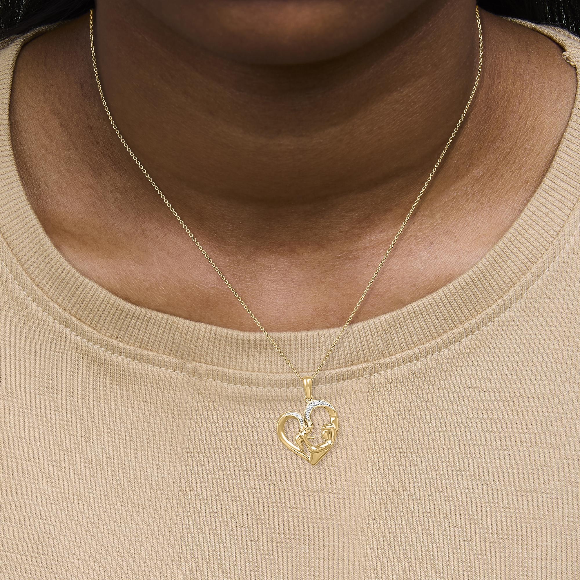 Gold Vermeil Diamond Accent Mom and Child Heart Pendant Necklace