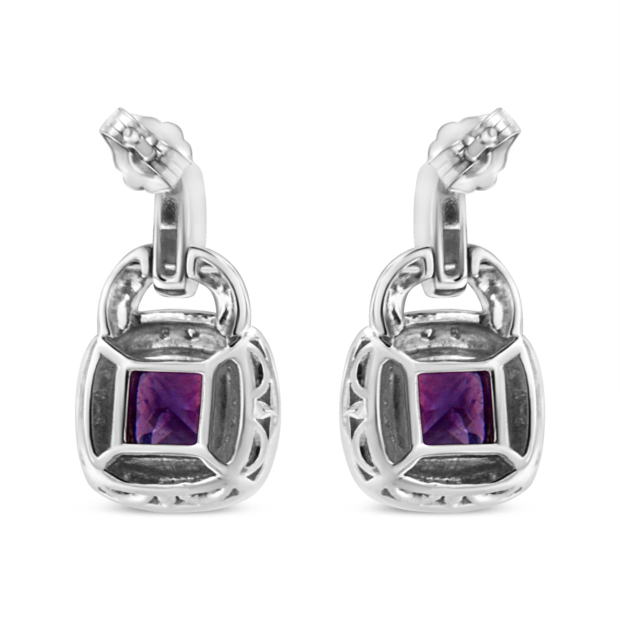 .925 Sterling Silver 8MM Natural Cushion Shaped Amethyst and Diamond Accent Halo with Push Back Dangle Earrings (I-J Color, I2-I3 Clarity)