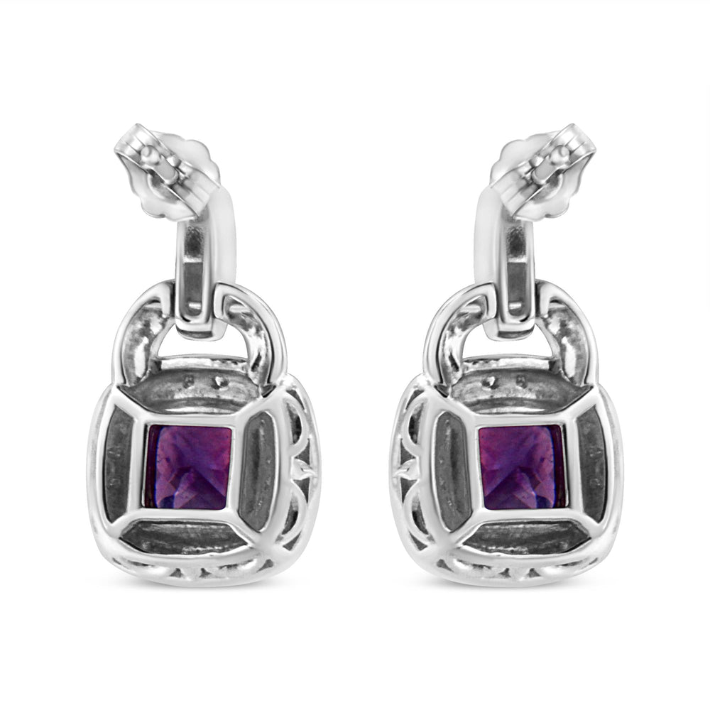 .925 Sterling Silver 8MM Natural Cushion Shaped Amethyst and Diamond Accent Halo with Push Back Dangle Earrings (I-J Color, I2-I3 Clarity)
