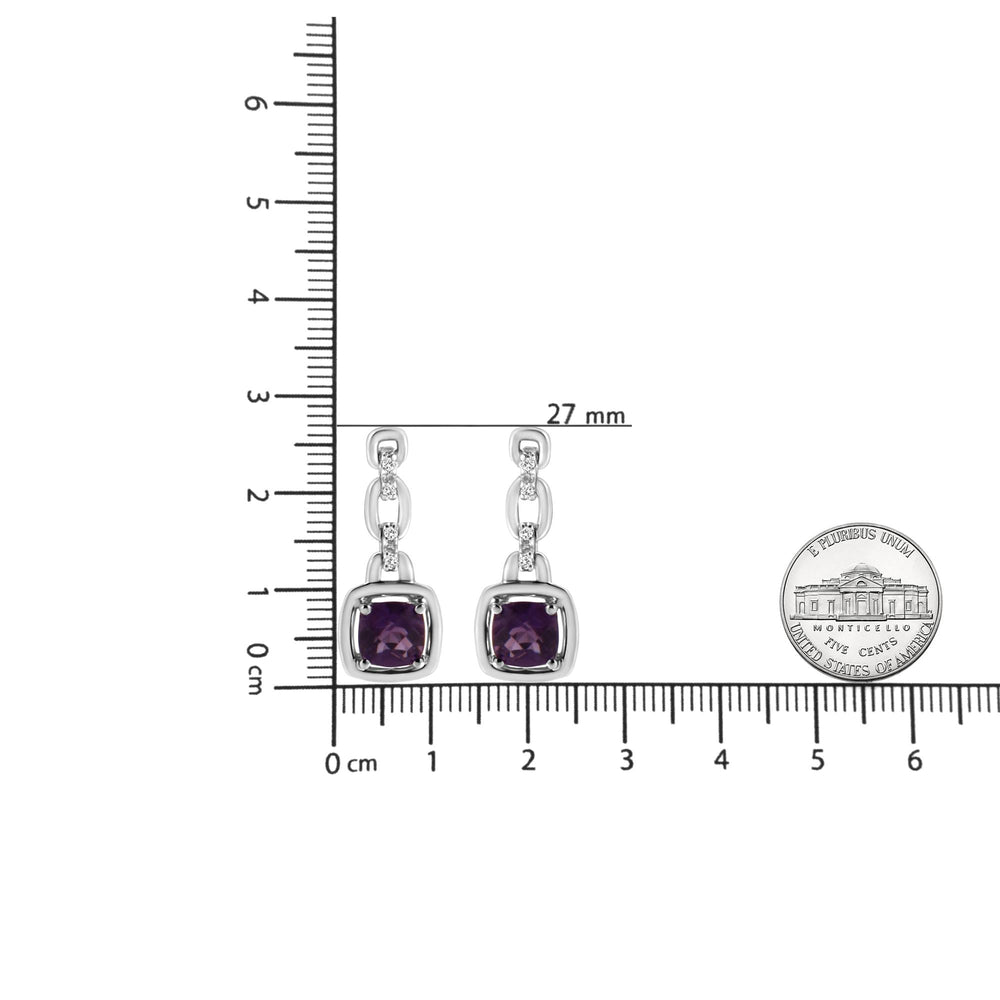 .925 Sterling Silver 6x6MM Cushion Shaped Natural Purple Amethyst and Diamond Accent Drop and Dangle Earrings (I-J Color, I1-I2 Clarity)