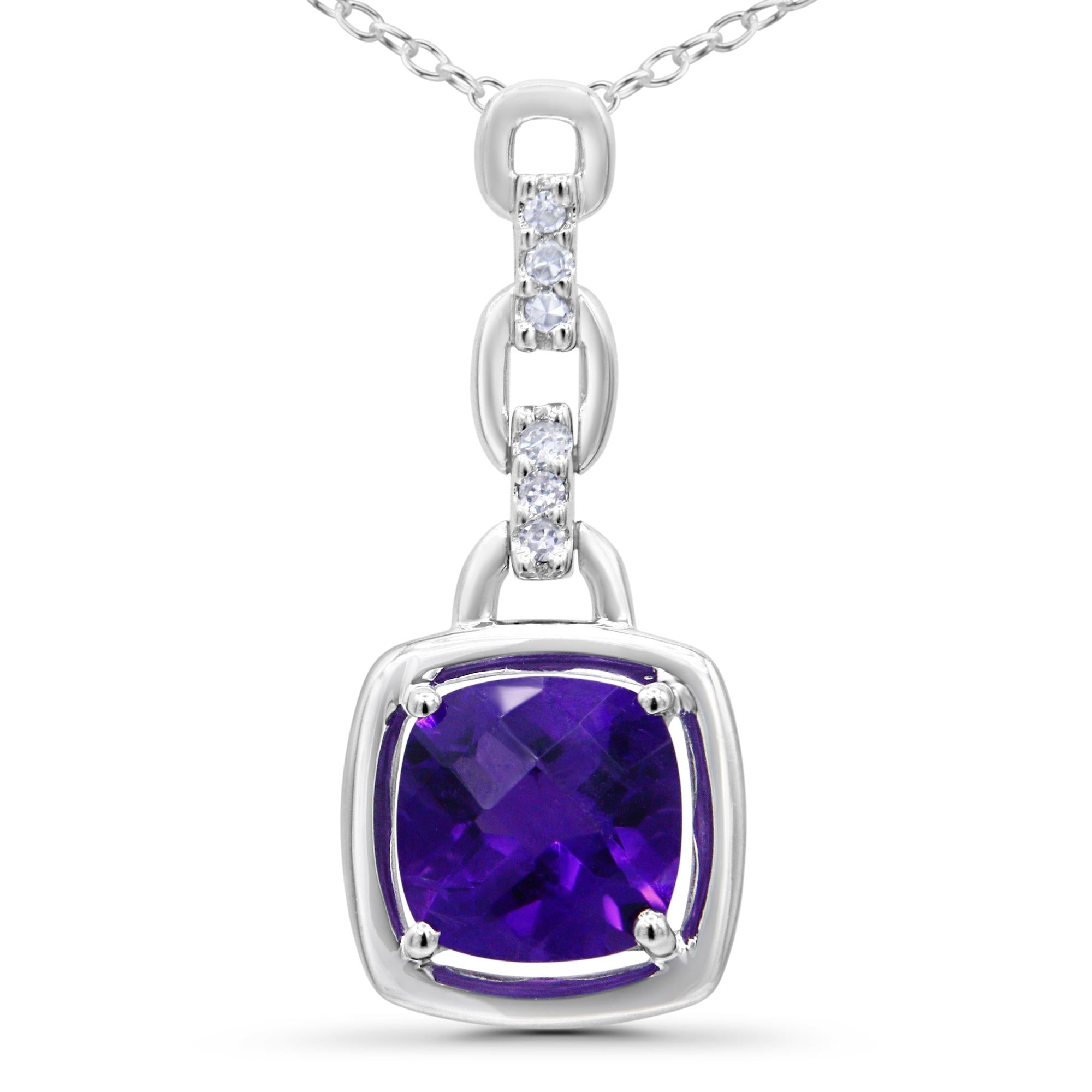 .925 Sterling Silver 6x6MM Cushion Shaped Natural Purple Amethyst and Diamond Accented Bale 18" Inch Pendant Necklace (I-J Color, I1-I2 Clarity)