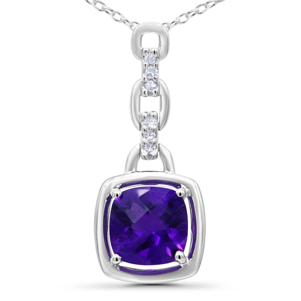 .925 Sterling Silver 6x6MM Cushion Shaped Natural Purple Amethyst and Diamond Accented Bale 18" Inch Pendant Necklace (I-J Color, I1-I2 Clarity)