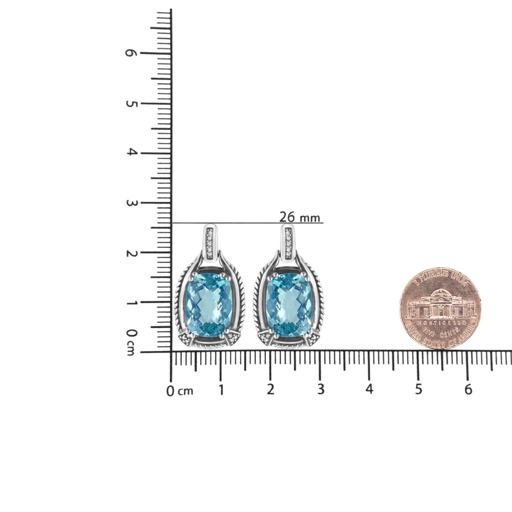 .925 Sterling Silver 14x10MM Cushion Cut Blue Topaz Gemstone and Diamond Accent Dangle Earring (I-J Color, I1-I2 Clarity)