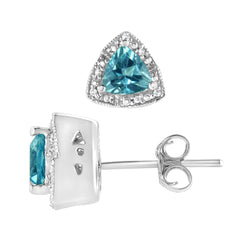 .925 Sterling Silver 6x6 mm Trillion Cut Blue Topaz Gemstone and Diamond Accent Stud Earring (I-J Color, I1-I2 Clarity)