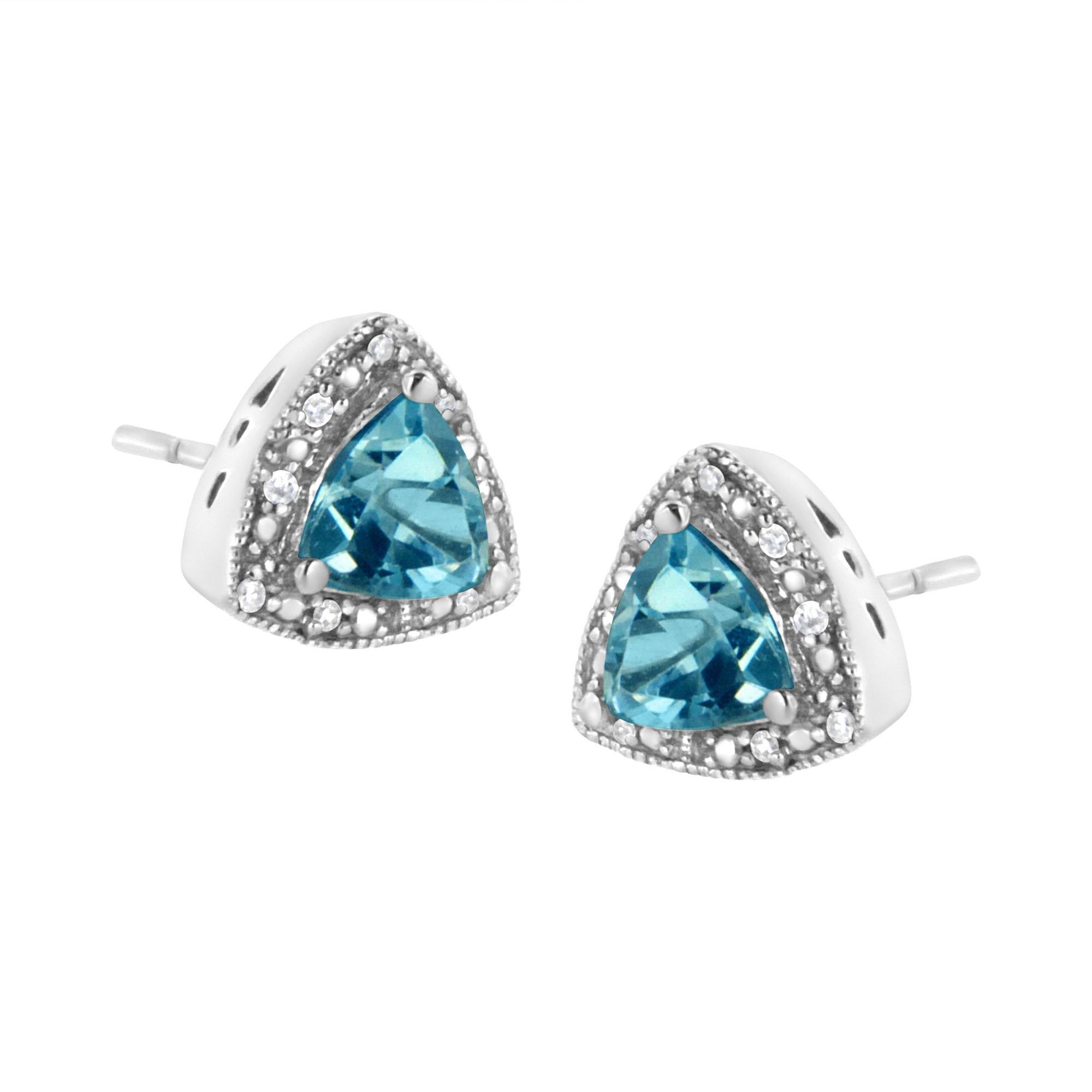 .925 Sterling Silver 6x6 mm Trillion Cut Blue Topaz Gemstone and Diamond Accent Stud Earring (I-J Color, I1-I2 Clarity)