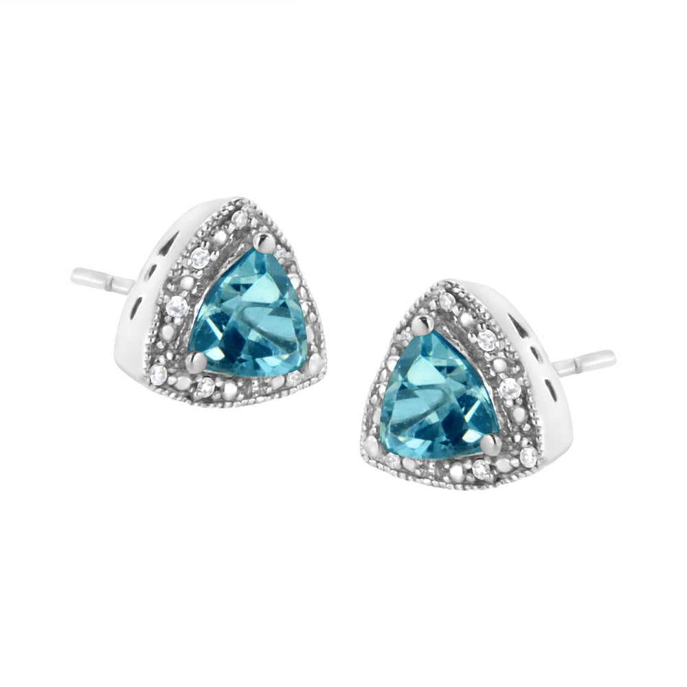 .925 Sterling Silver 6x6 mm Trillion Cut Blue Topaz Gemstone and Diamond Accent Stud Earring (I-J Color, I1-I2 Clarity)