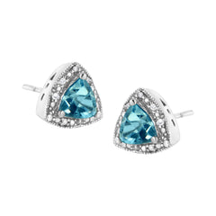 .925 Sterling Silver 6x6 mm Trillion Cut Blue Topaz Gemstone and Diamond Accent Stud Earring (I-J Color, I1-I2 Clarity)