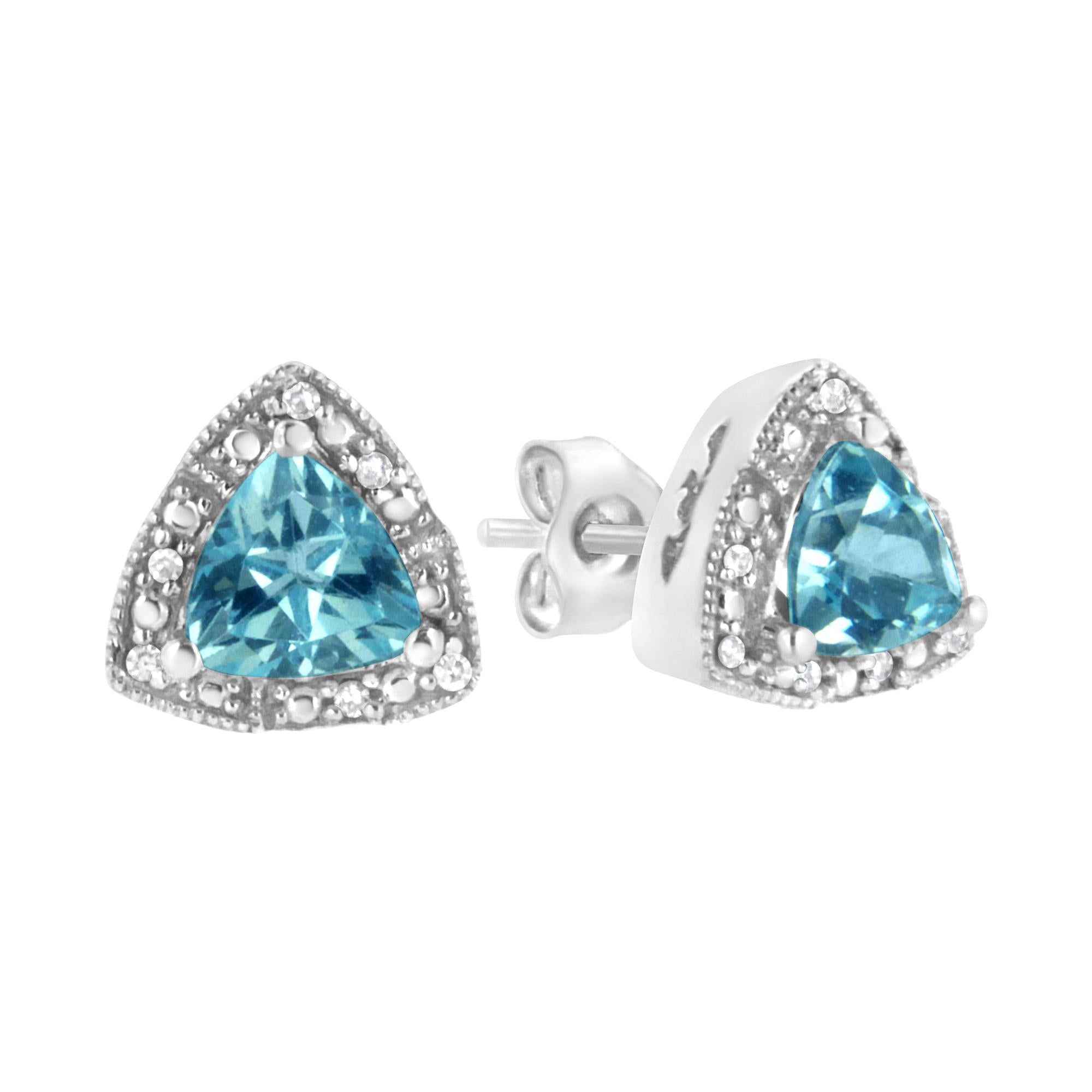 .925 Sterling Silver 6x6 mm Trillion Cut Blue Topaz Gemstone and Diamond Accent Stud Earring (I-J Color, I1-I2 Clarity)