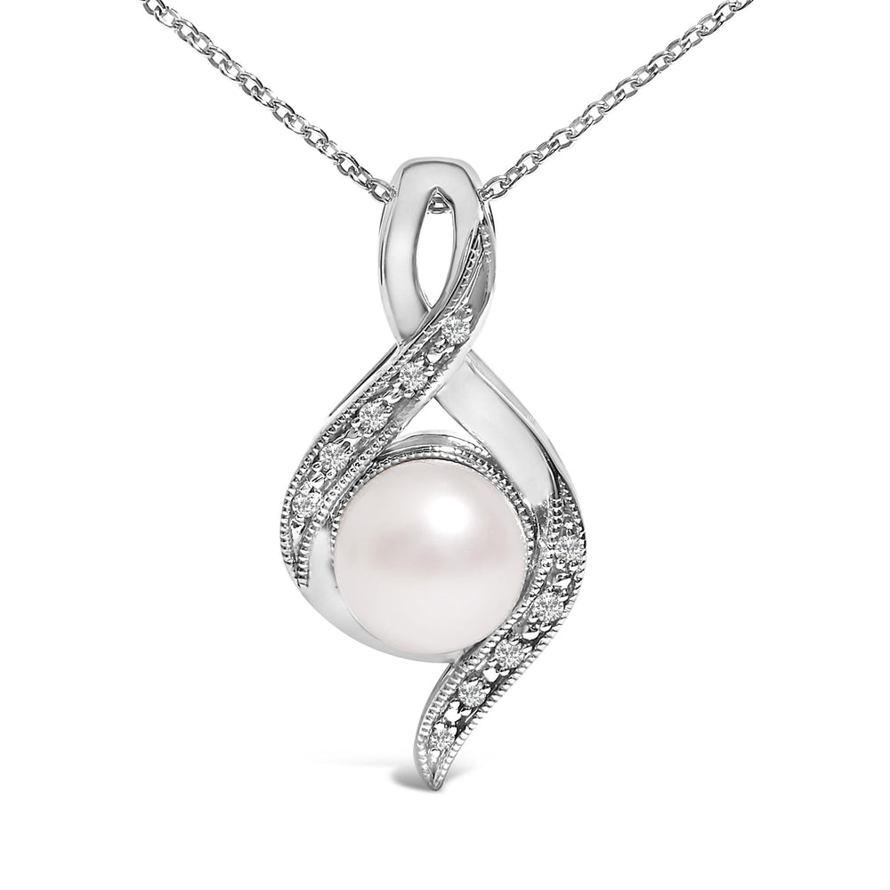 Sterling Silver 7mm Cultured Pearl and Diamond Accent Swirl Pendant Necklace