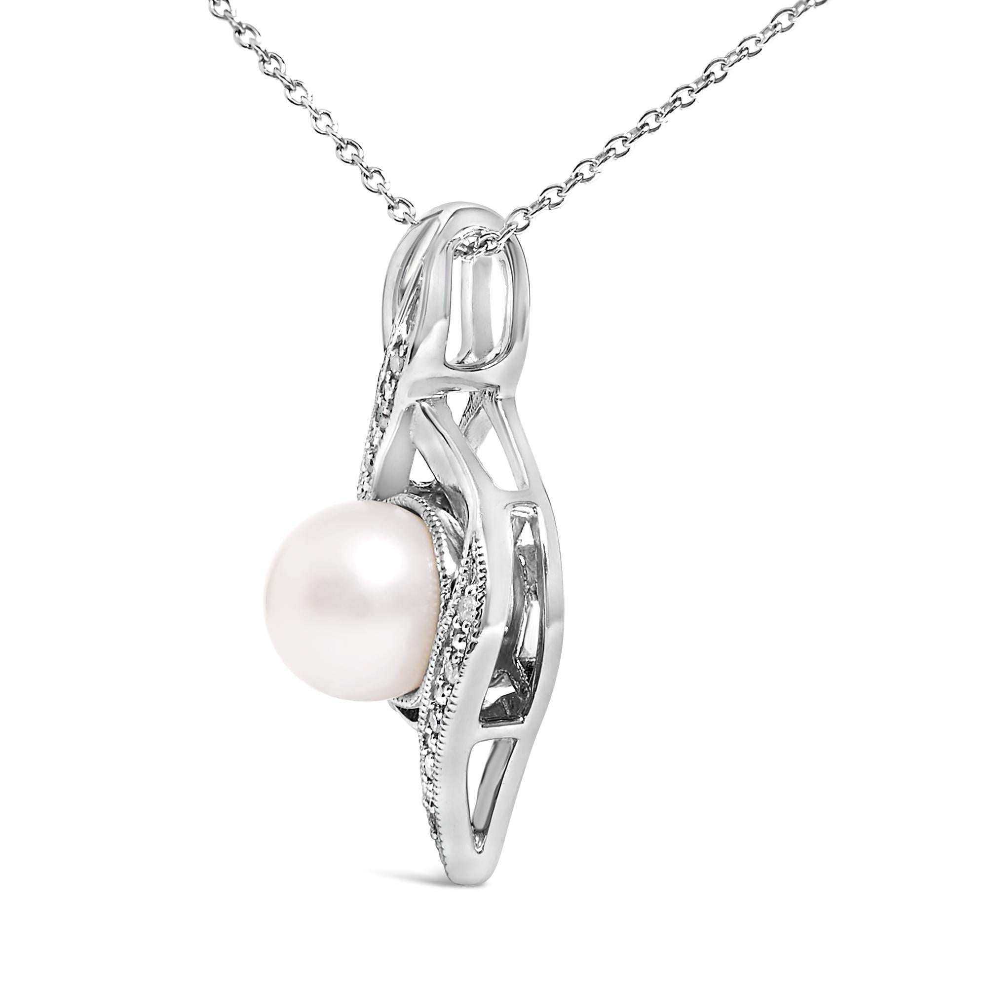 Sterling Silver 7mm Cultured Pearl and Diamond Accent Swirl Pendant Necklace